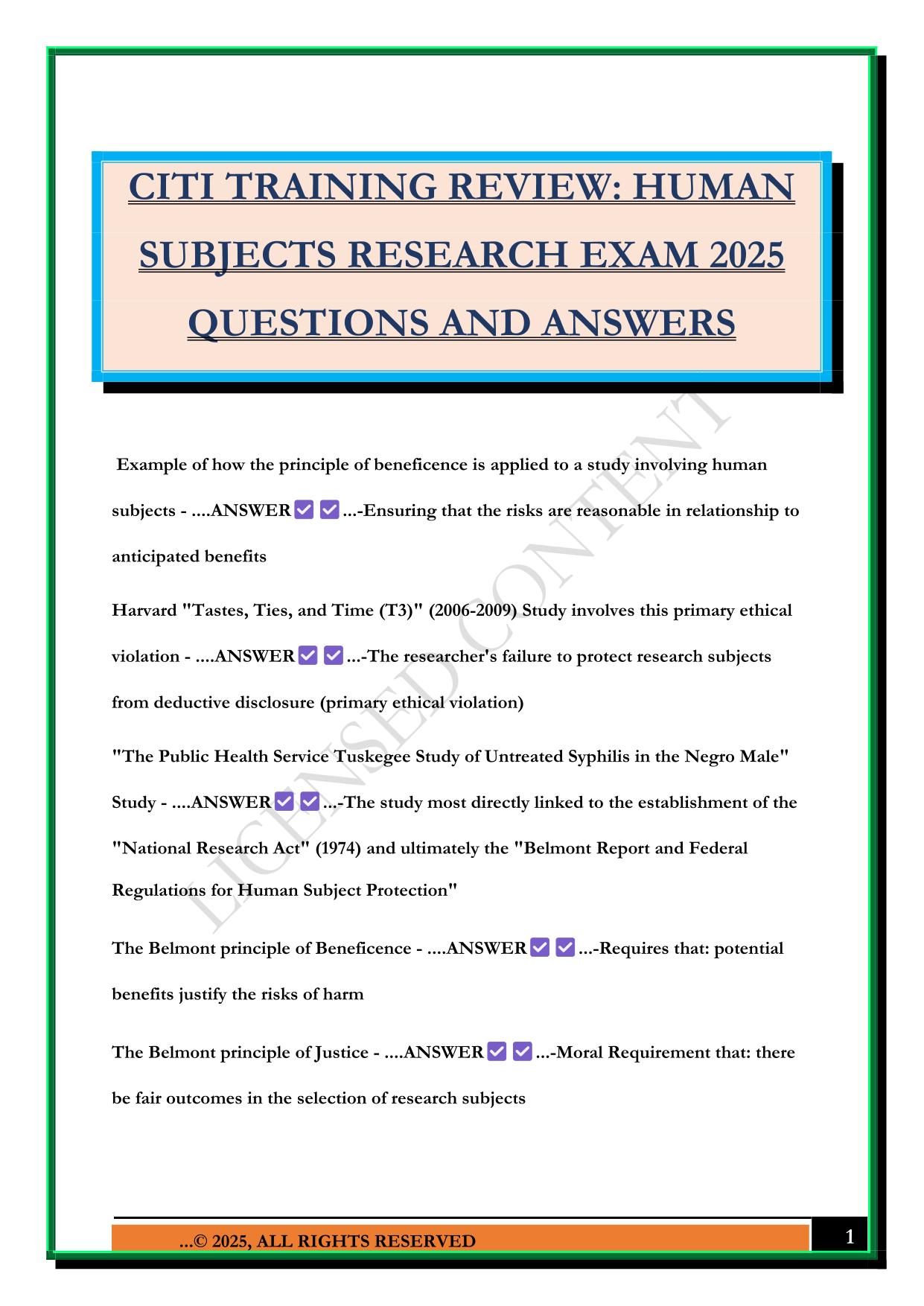 CITI TRAINING REVIEW: HUMAN SUBJECTS RESEARCH EXAM 2025 QUESTIONS AND ANSWERS