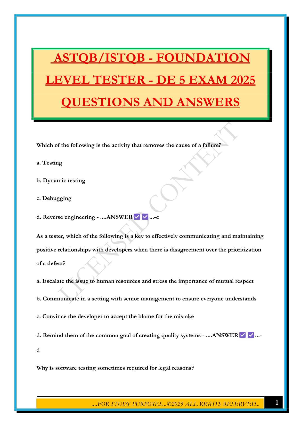 ASTQB/ISTQB - FOUNDATION LEVEL TESTER - DE 5 EXAM 2025 QUESTIONS AND ANSWERS