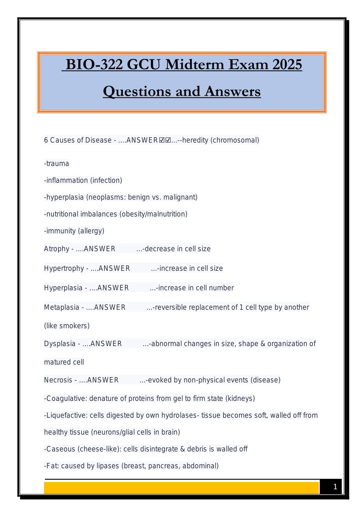 BIO-322 GCU Midterm Exam 2025 Questions and Answers