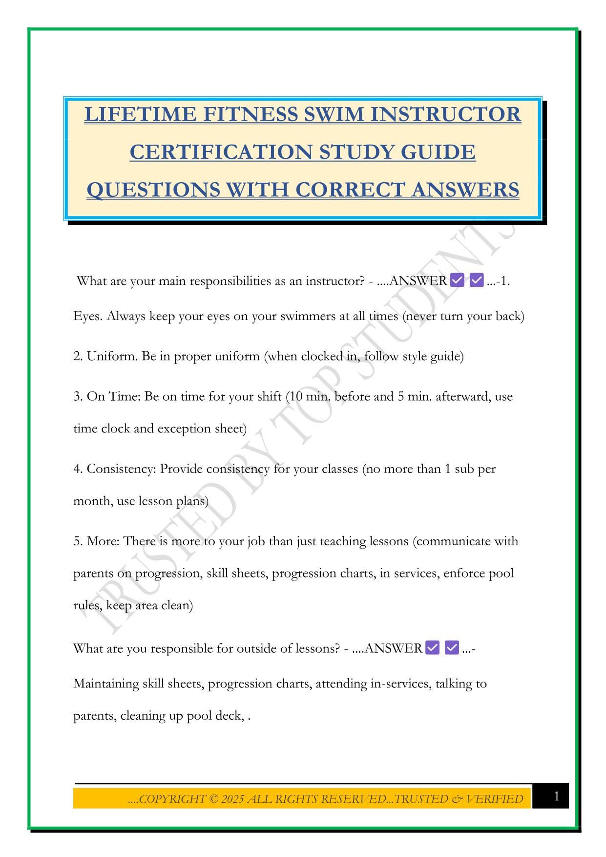 LIFETIME FITNESS SWIM INSTRUCTOR CERTIFICATION STUDY GUIDE QUESTIONS WITH CORRECT ANSWERS