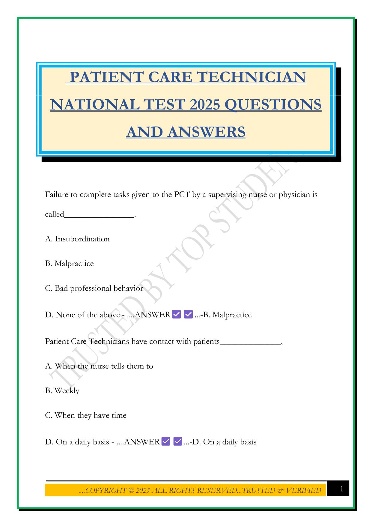 PATIENT CARE TECHNICIAN NATIONAL TEST 2025 QUESTIONS AND ANSWERS
