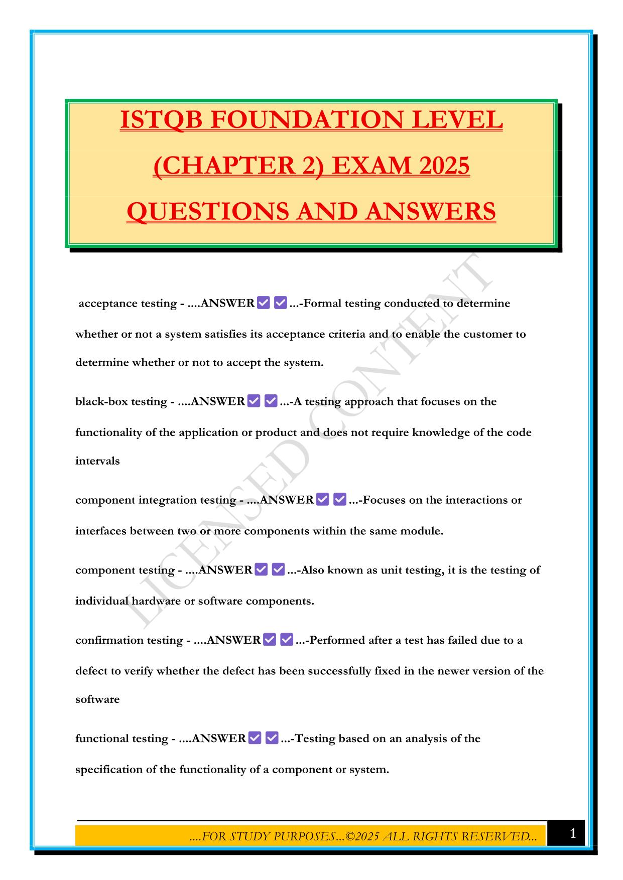 ISTQB FOUNDATION LEVEL (CHAPTER 2) EXAM 2025 QUESTIONS AND ANSWERS