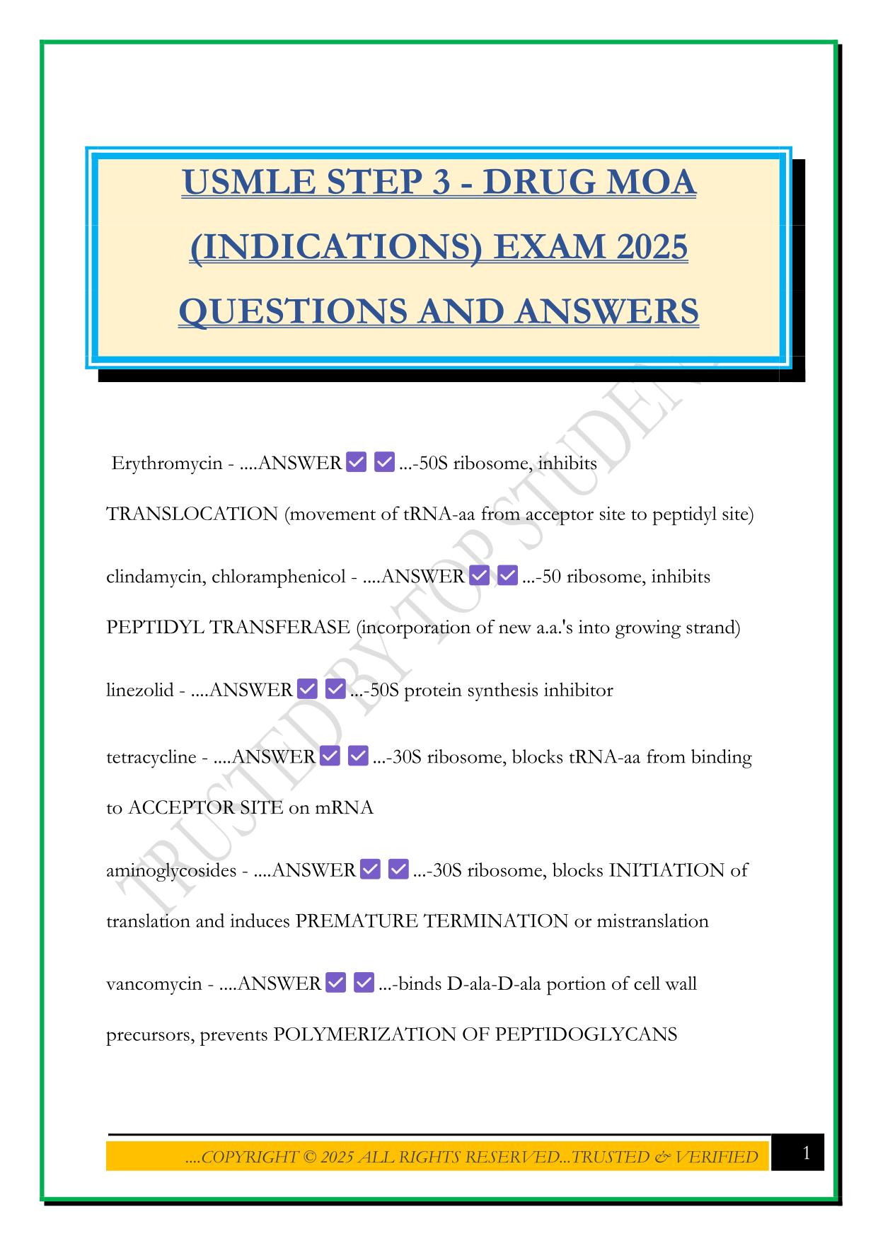 USMLE STEP 3 - DRUG MOA (INDICATIONS) EXAM 2025 QUESTIONS AND ANSWERS
