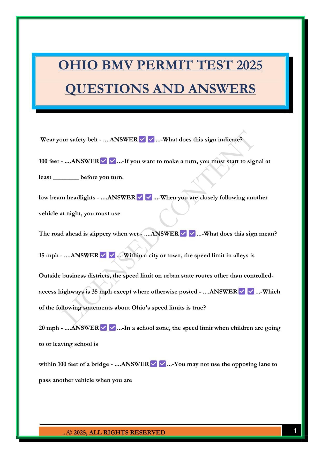 OHIO BMV PERMIT TEST 2025 QUESTIONS AND ANSWERS