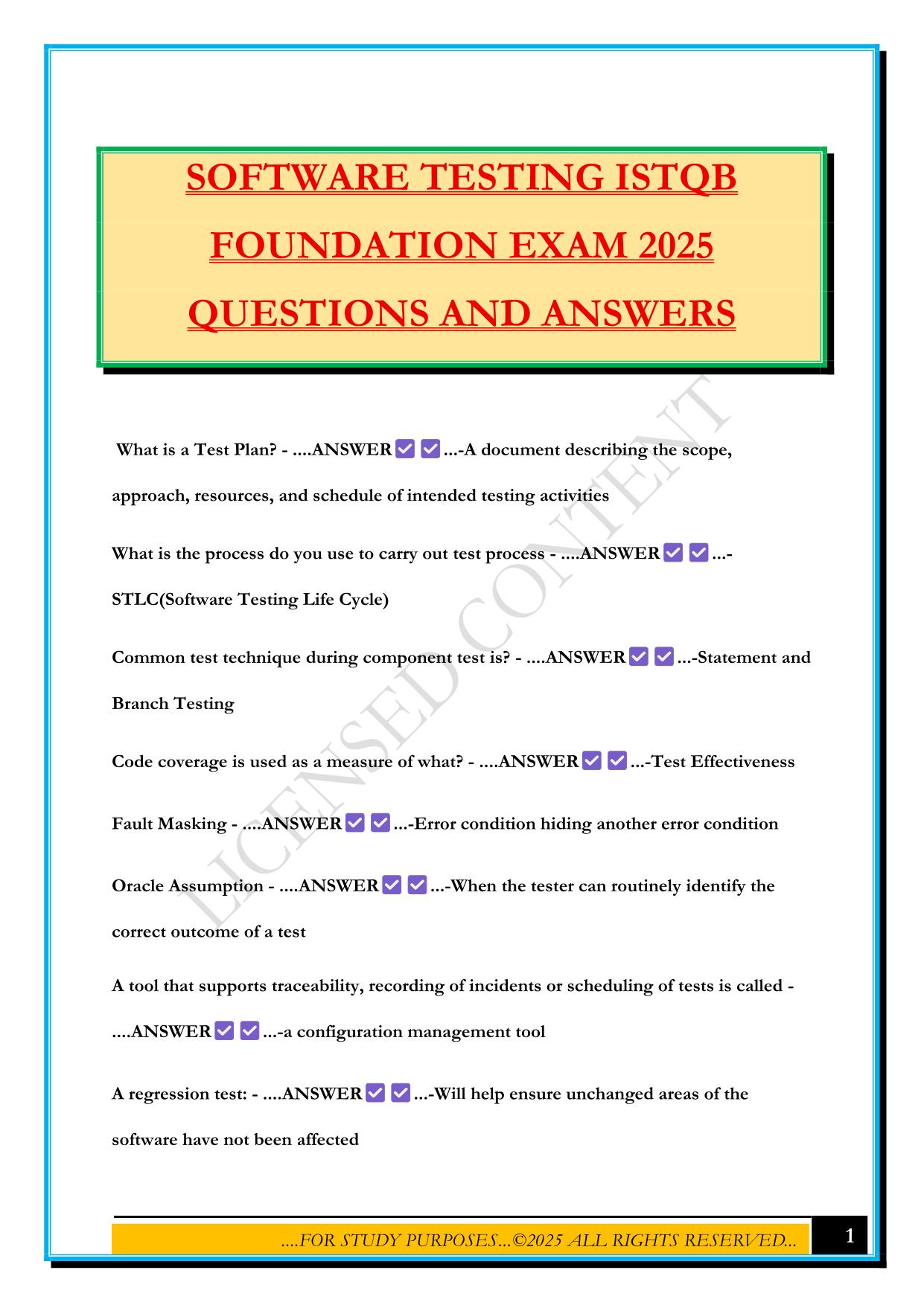 SOFTWARE TESTING ISTQB FOUNDATION EXAM 2025 QUESTIONS AND ANSWERS
