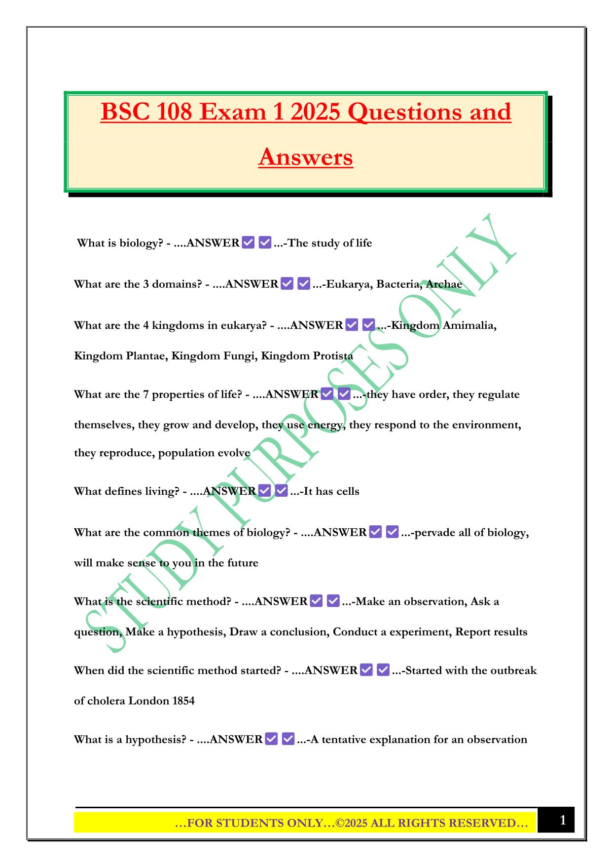 BSC 108 Exam 1 2025 Questions and Answers