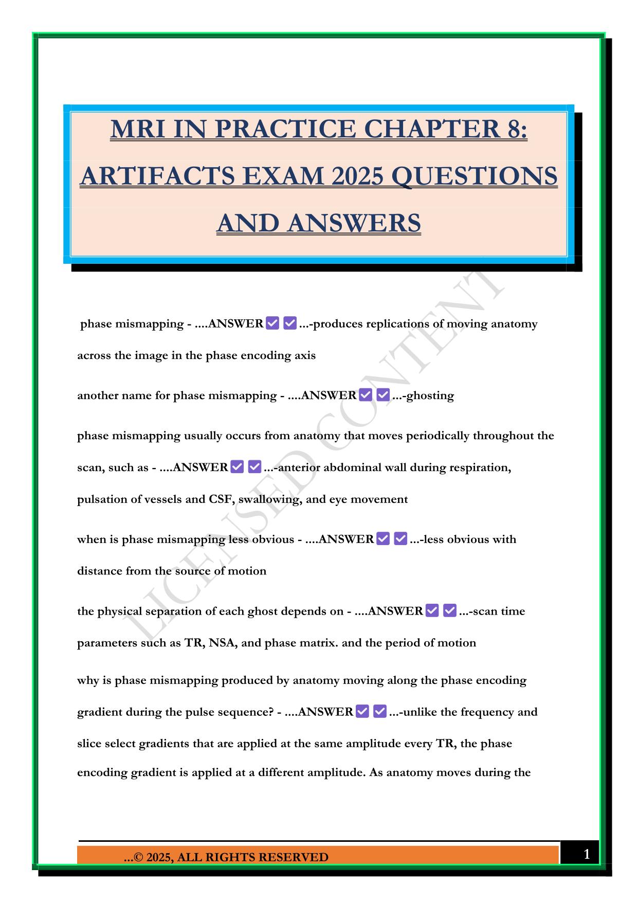 MRI IN PRACTICE CHAPTER 8: ARTIFACTS EXAM 2025 QUESTIONS AND ANSWERS
