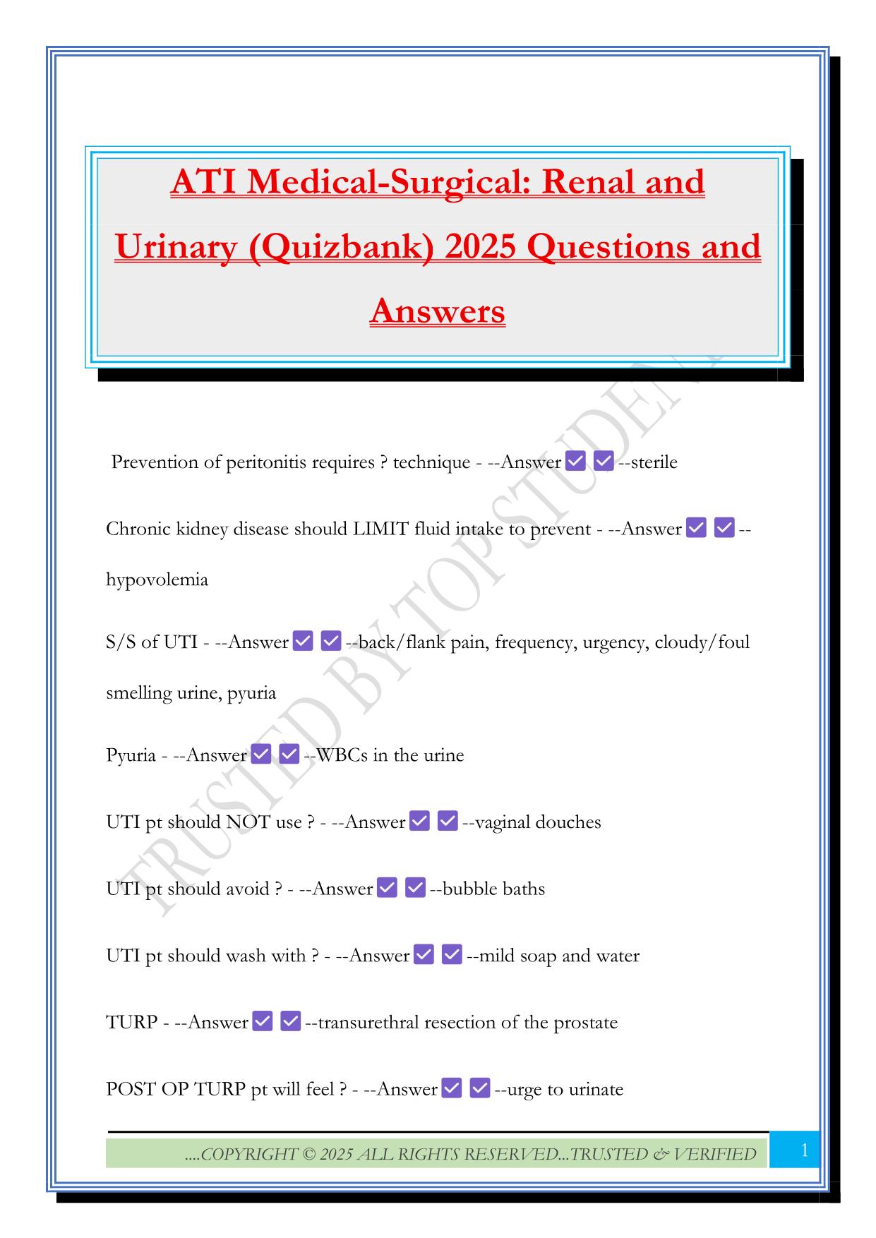 ATI Medical-Surgical: Renal and Urinary (Quizbank) 2025 Questions and Answers