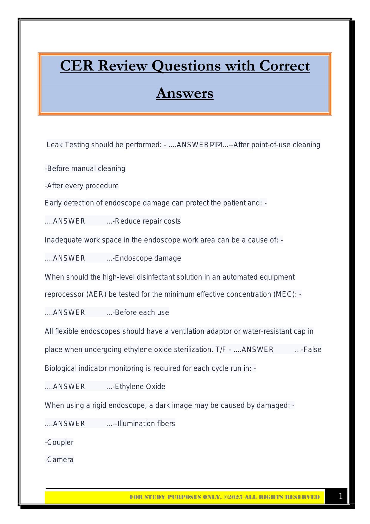 CER Review Questions with Correct Answers
