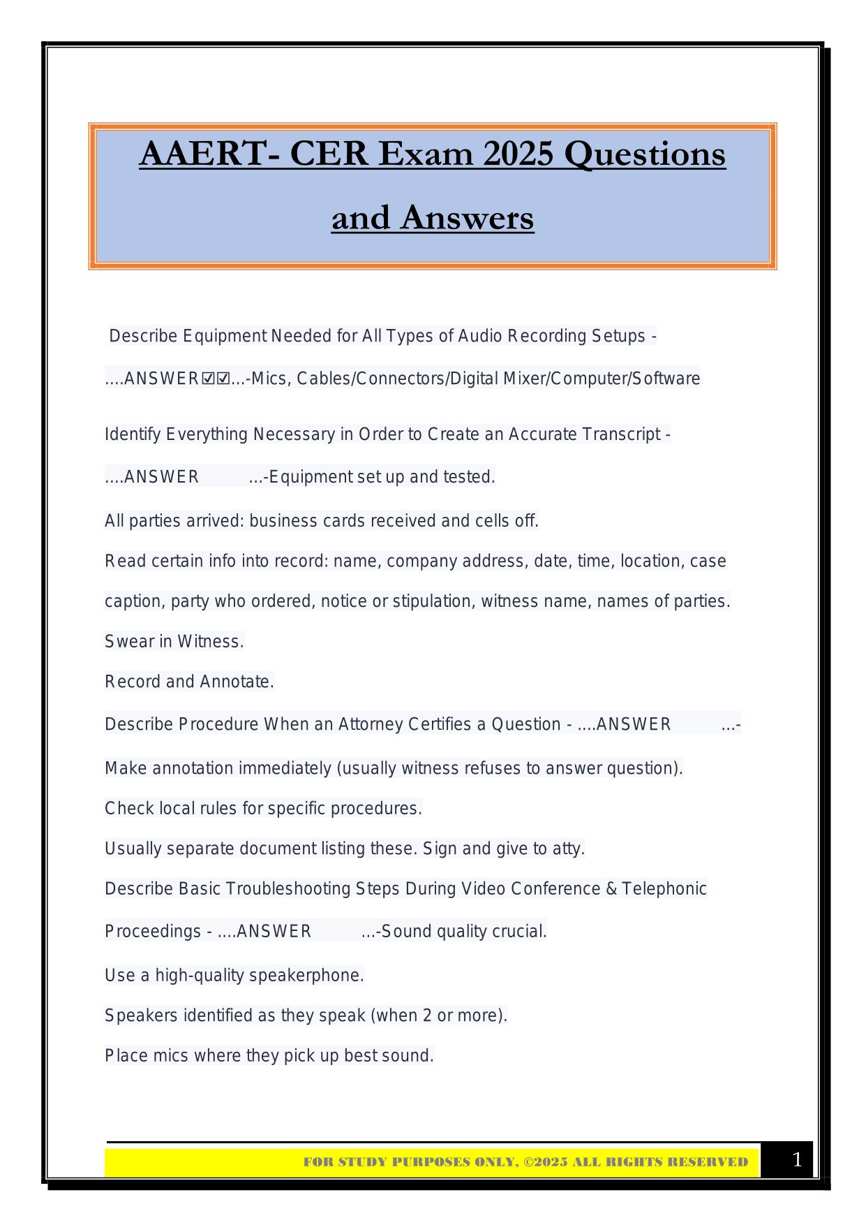 AAERT- CER Exam 2025 Questions and Answers