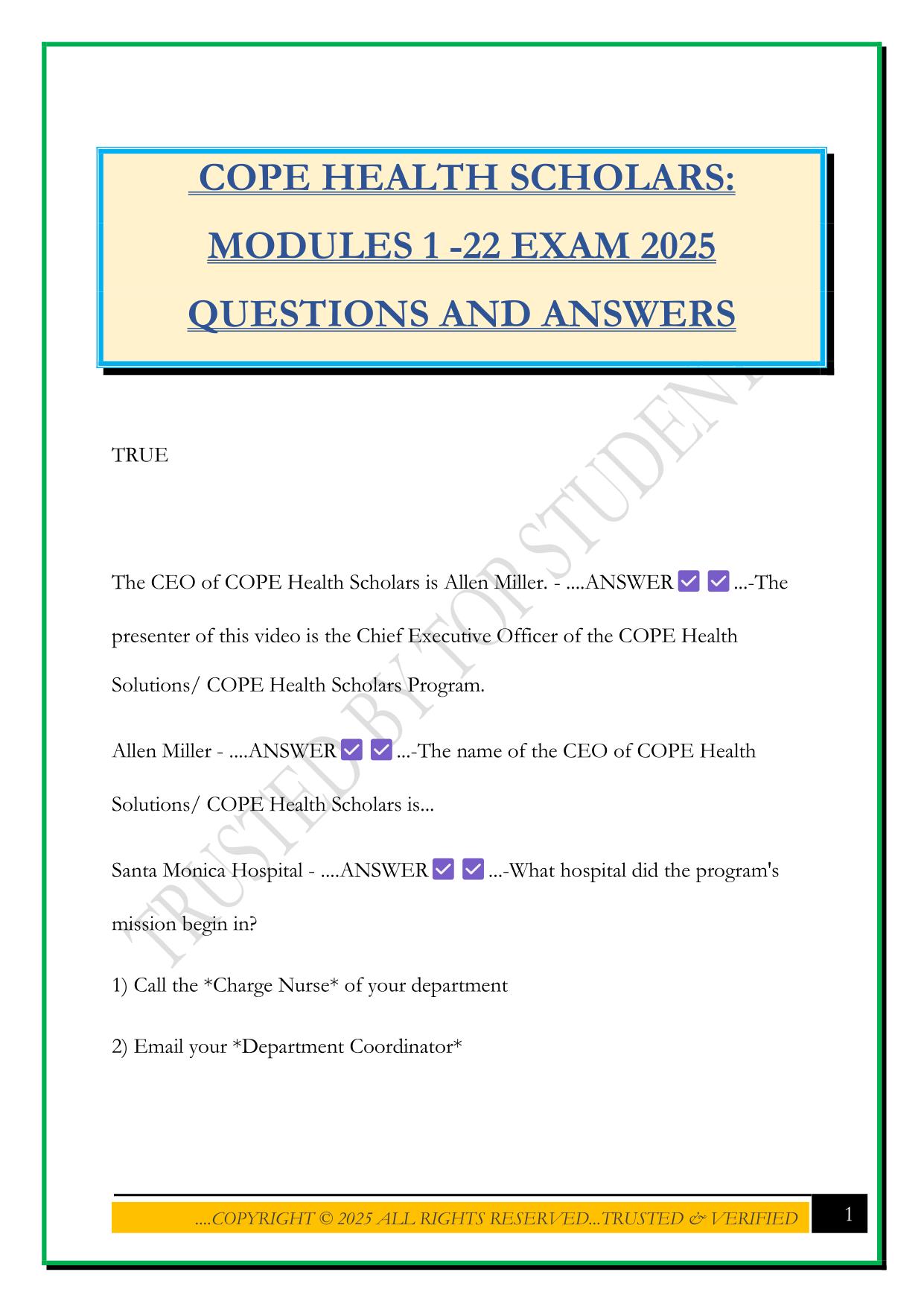 COPE HEALTH SCHOLARS: MODULES 1 -22 EXAM 2025 QUESTIONS AND ANSWERS