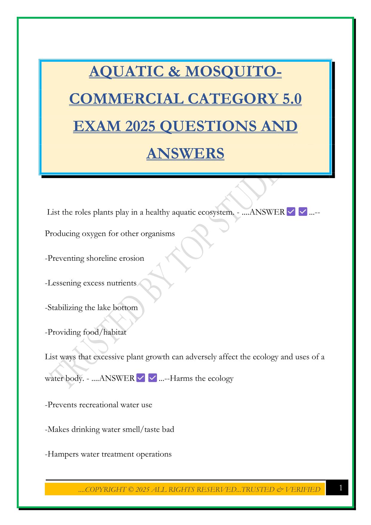 AQUATIC & MOSQUITO- COMMERCIAL CATEGORY 5.0 EXAM 2025 QUESTIONS AND ANSWERS