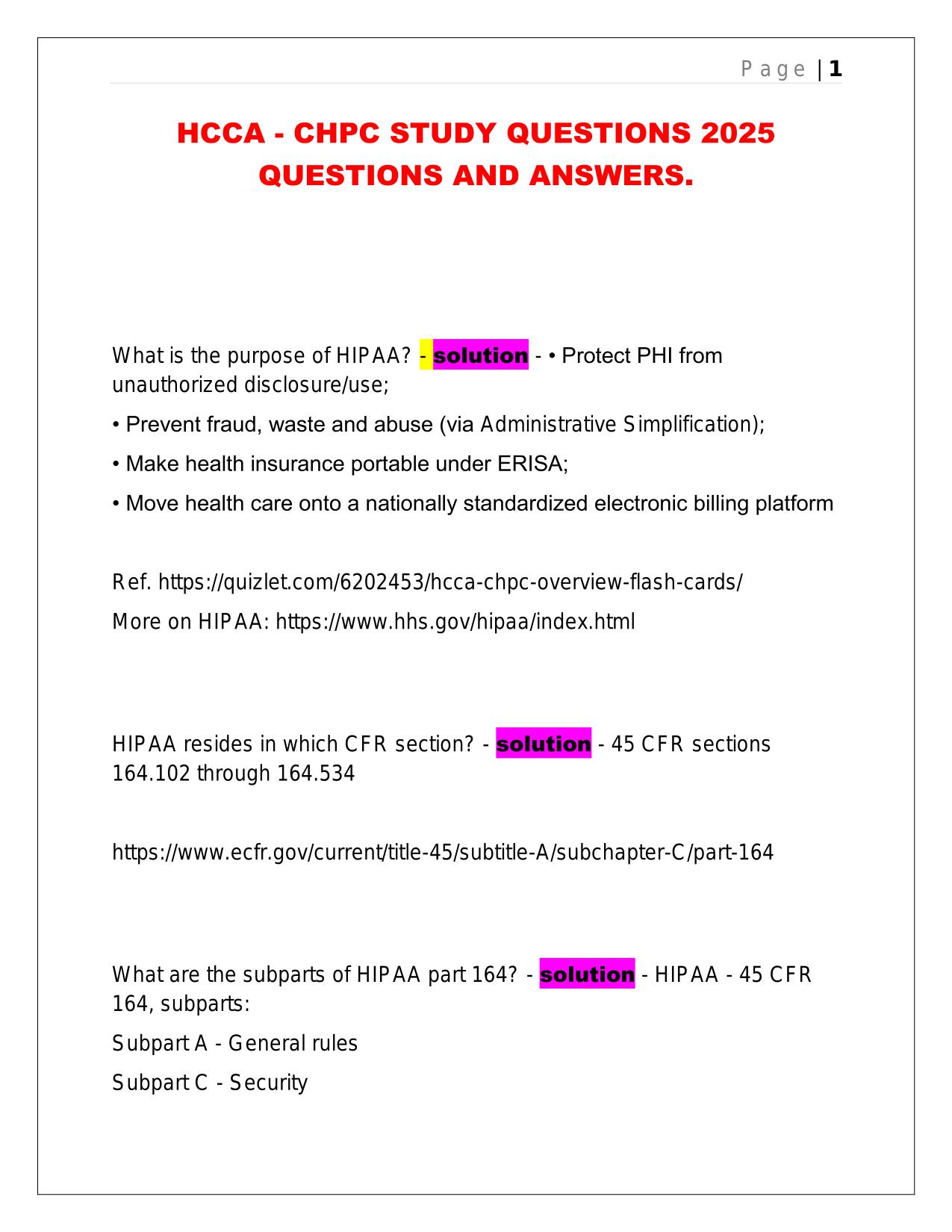 HCCA - CHPC STUDY QUESTIONS 2025 QUESTIONS AND ANSWERS.
