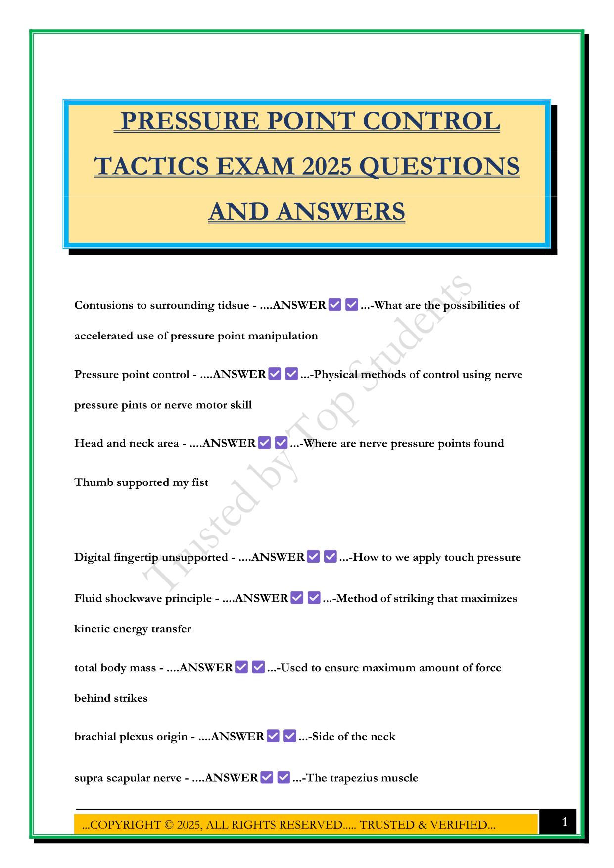 PRESSURE POINT CONTROL TACTICS EXAM 2025 QUESTIONS AND ANSWERS