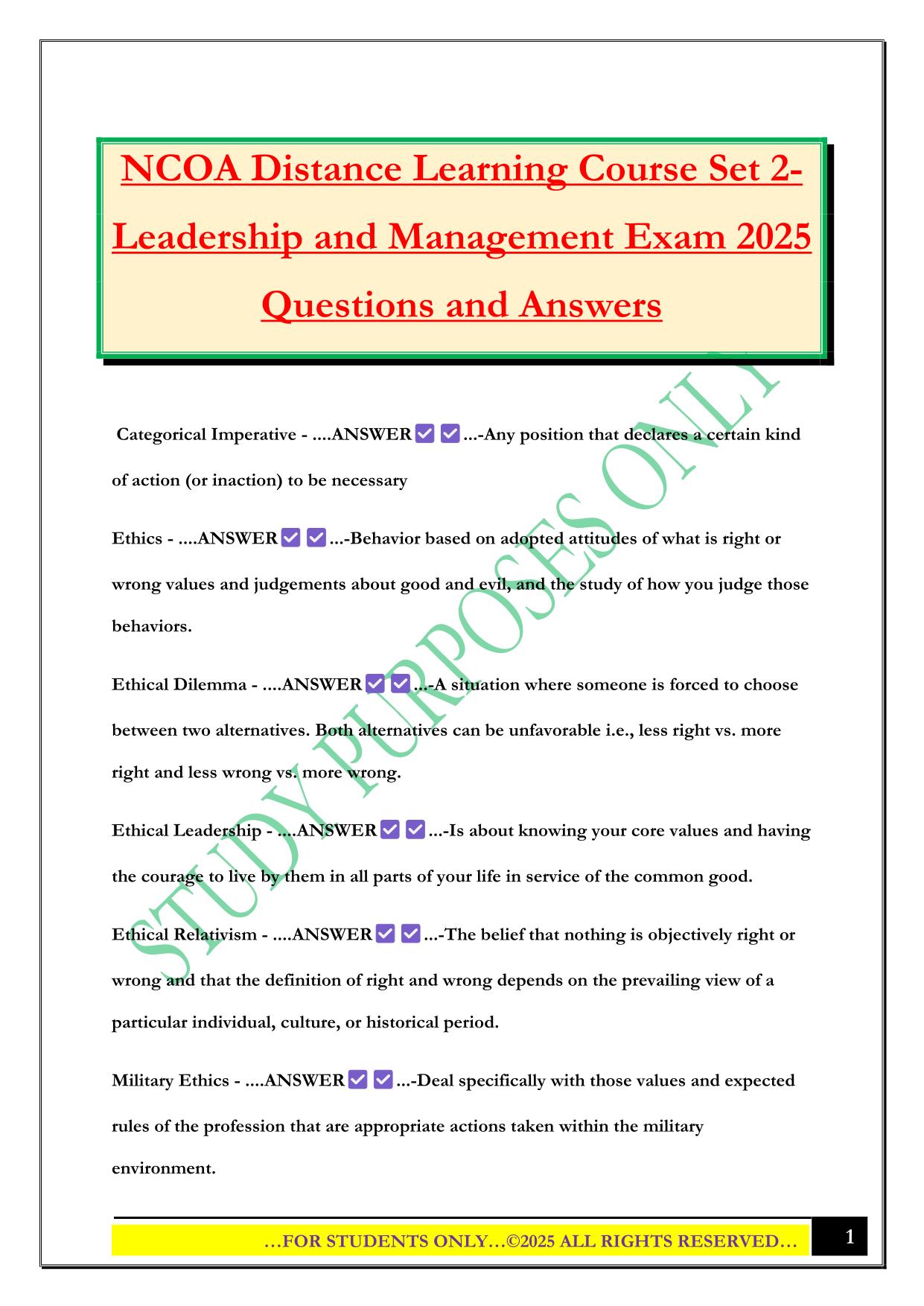 NCOA Distance Learning Course Set 2- Leadership and Management Exam 2025 Questions and Answers