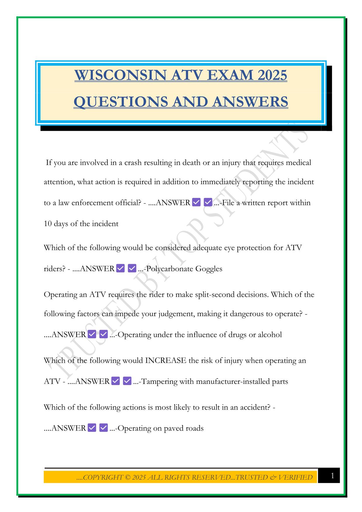 WISCONSIN ATV EXAM 2025 QUESTIONS AND ANSWERS