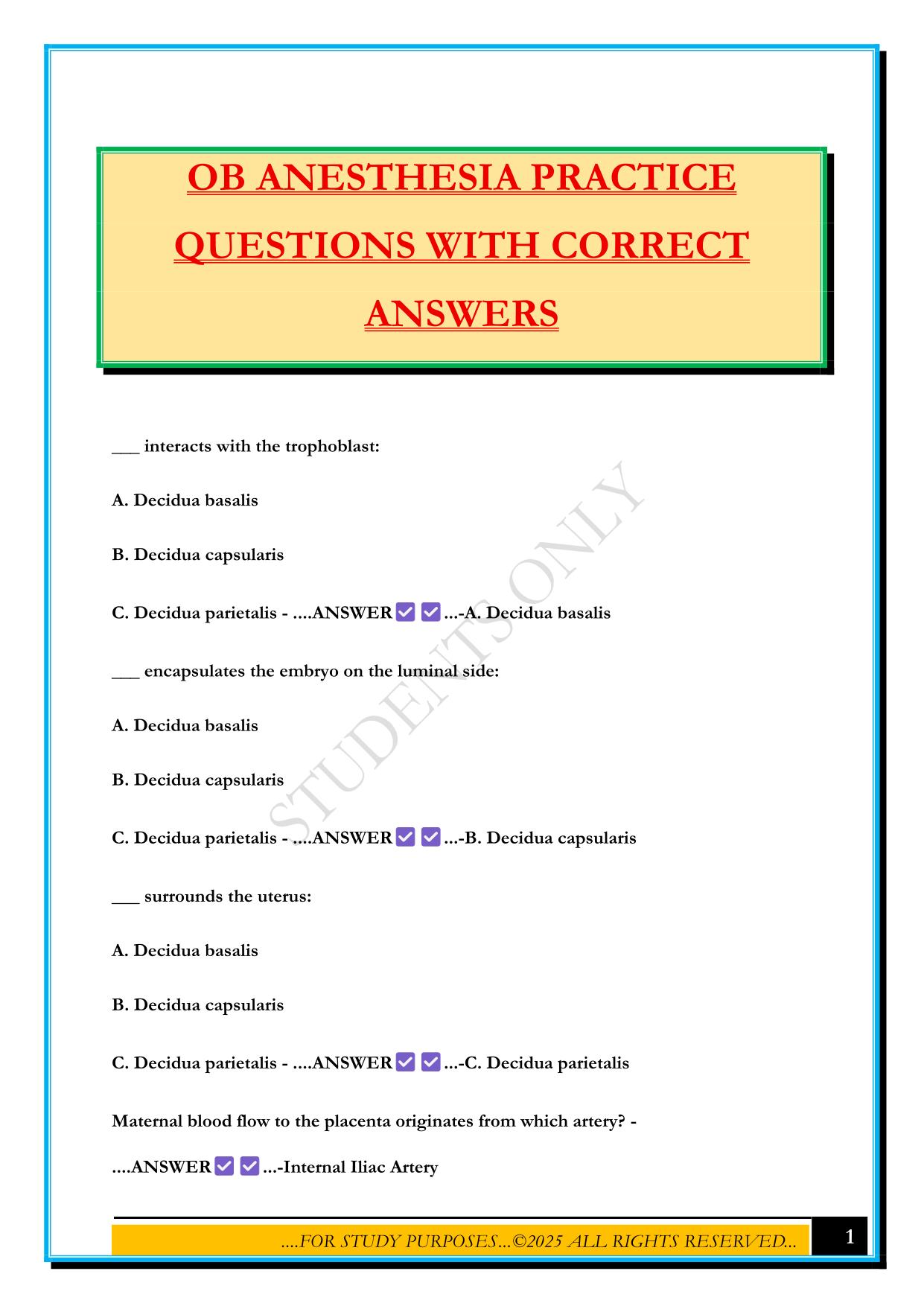 OB ANESTHESIA PRACTICE QUESTIONS WITH CORRECT ANSWERS