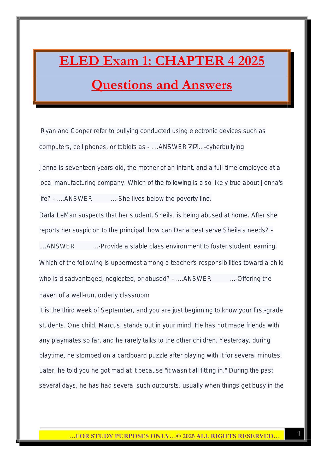 ELED Exam 1: CHAPTER 4 2025 Questions and Answers