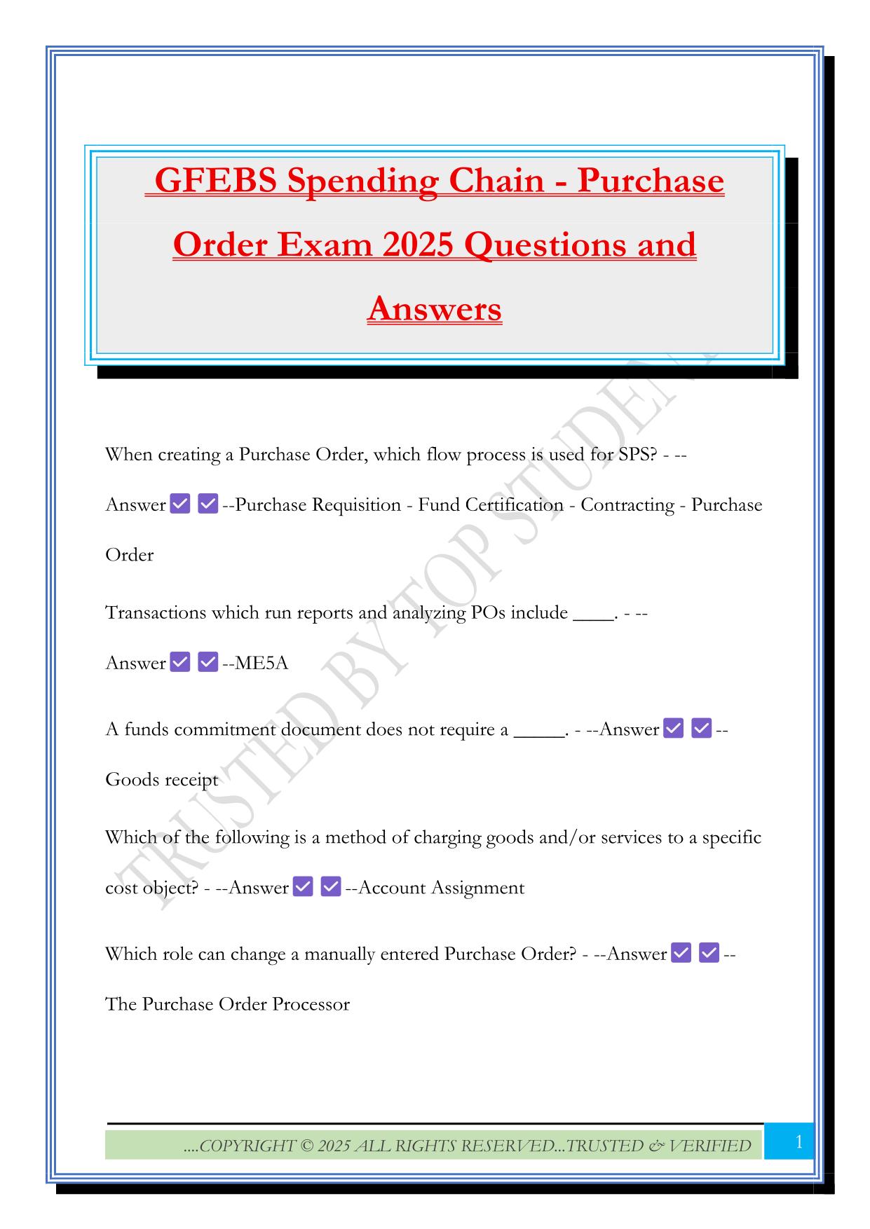 GFEBS Spending Chain - Purchase Order Exam 2025 Questions and Answers