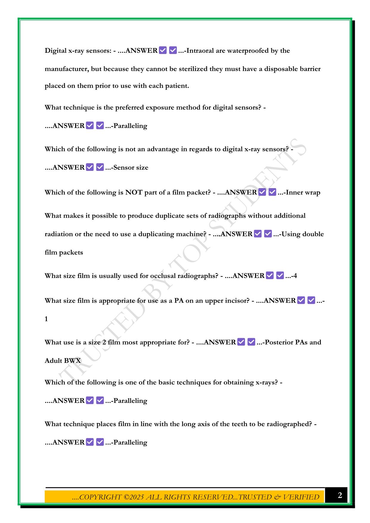 DENTAL ASSISTANT PRACTICE EXAM- DENTAL RADIOGRAPHY EXAM 2025 QUESTIONS AND ANSWERS