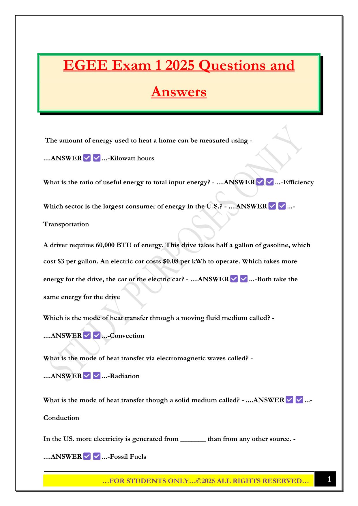 EGEE Exam 1 2025 Questions and Answers