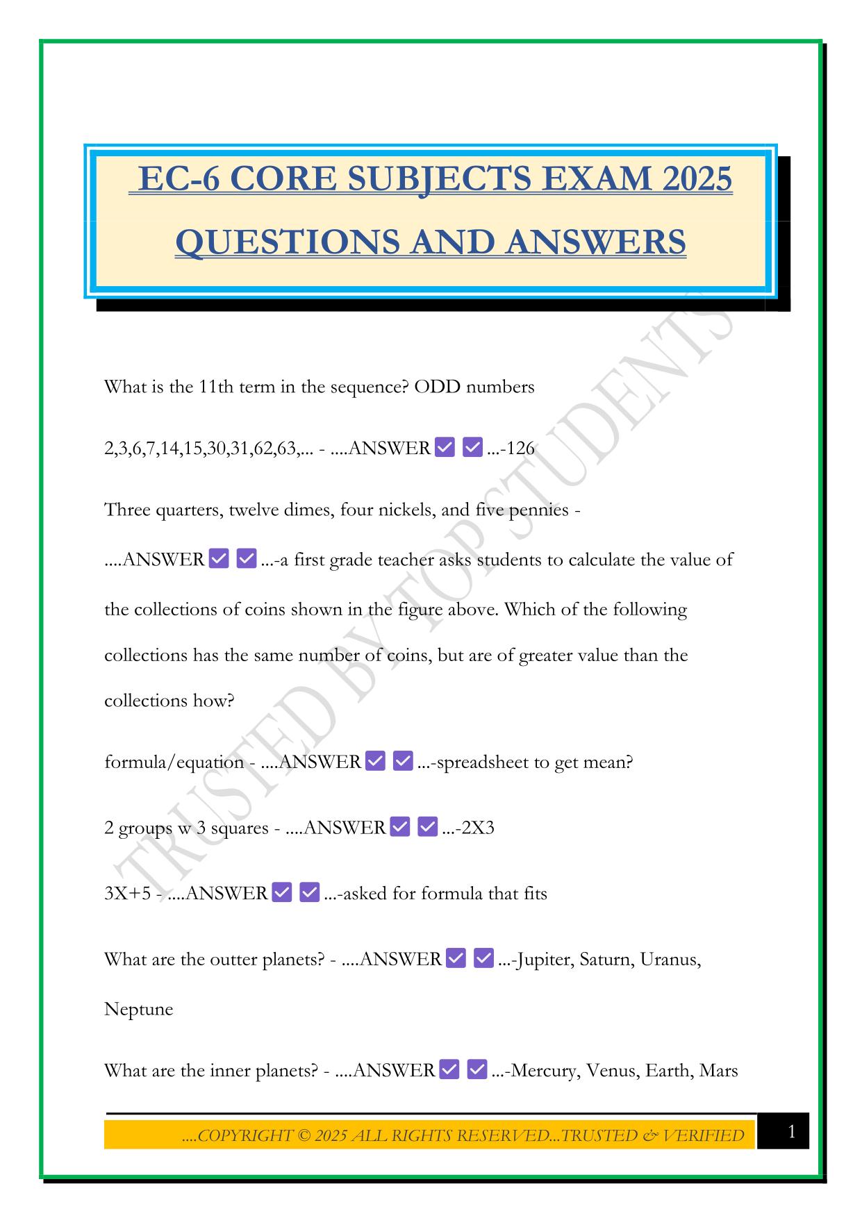 EC-6 CORE SUBJECTS EXAM 2025 QUESTIONS AND ANSWERS