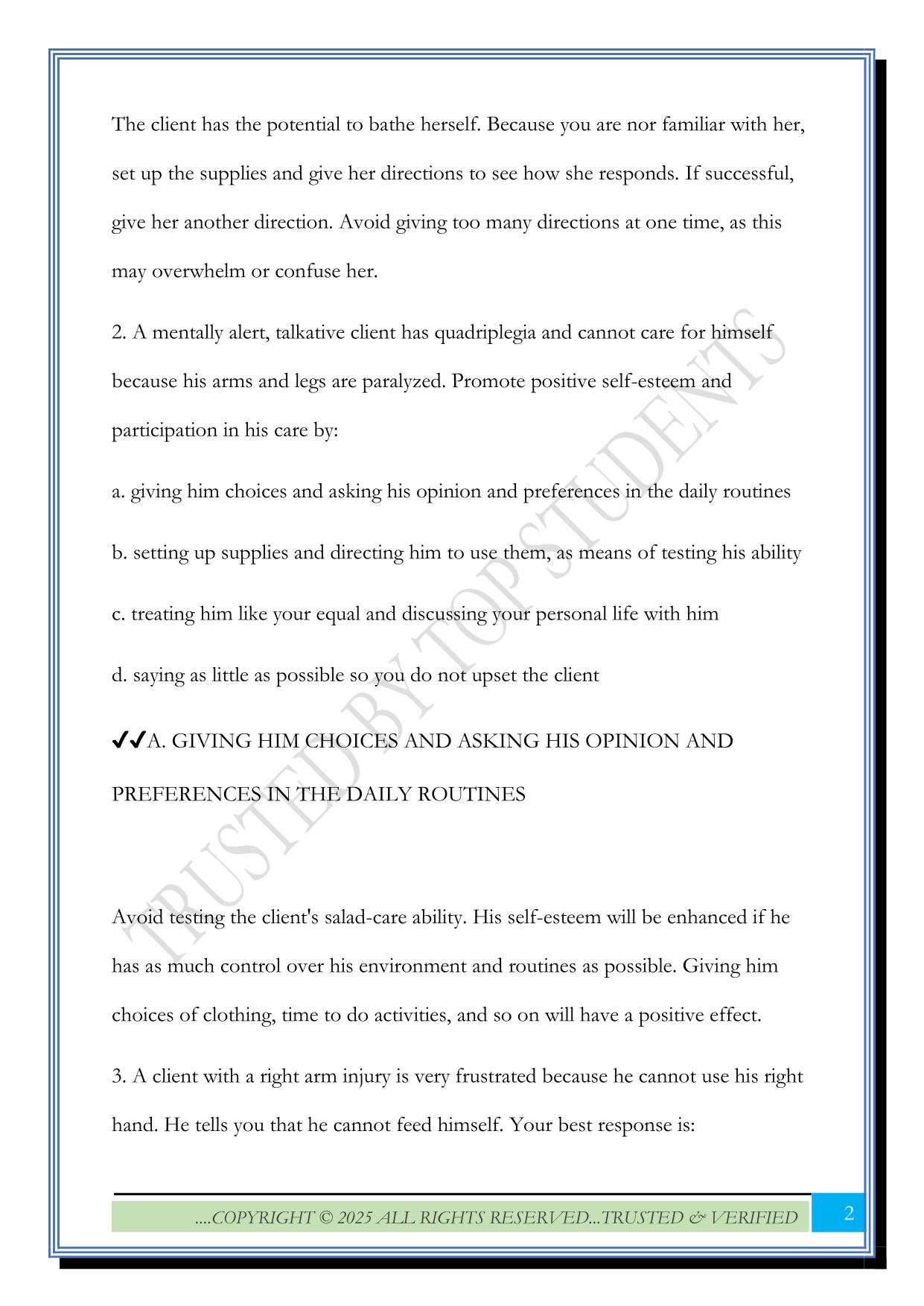 Restorative Services: Self- Care/Independence Exam 2025 Questions and Answers