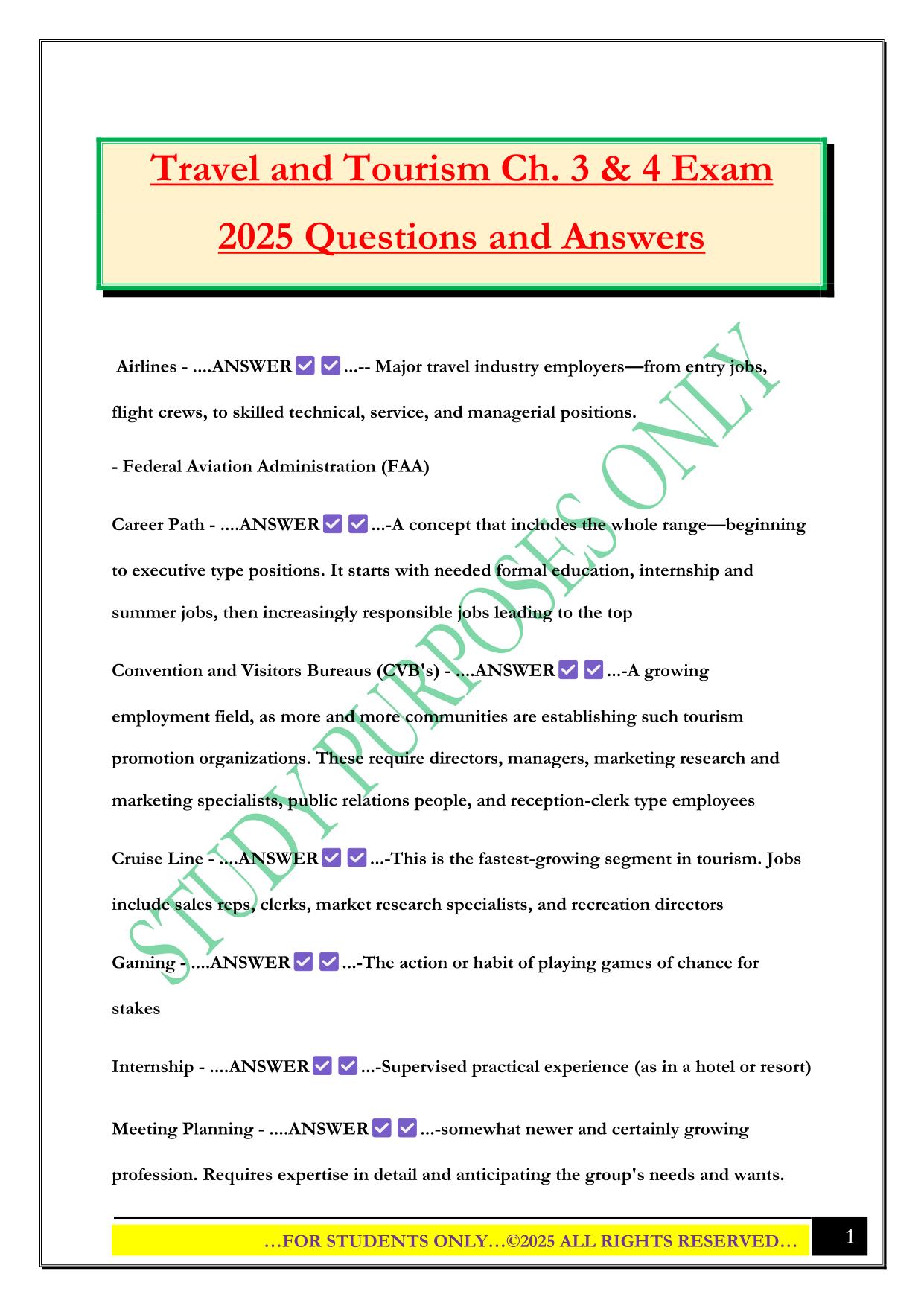 Travel and Tourism Ch. 3 & 4 Exam 2025 Questions and Answers
