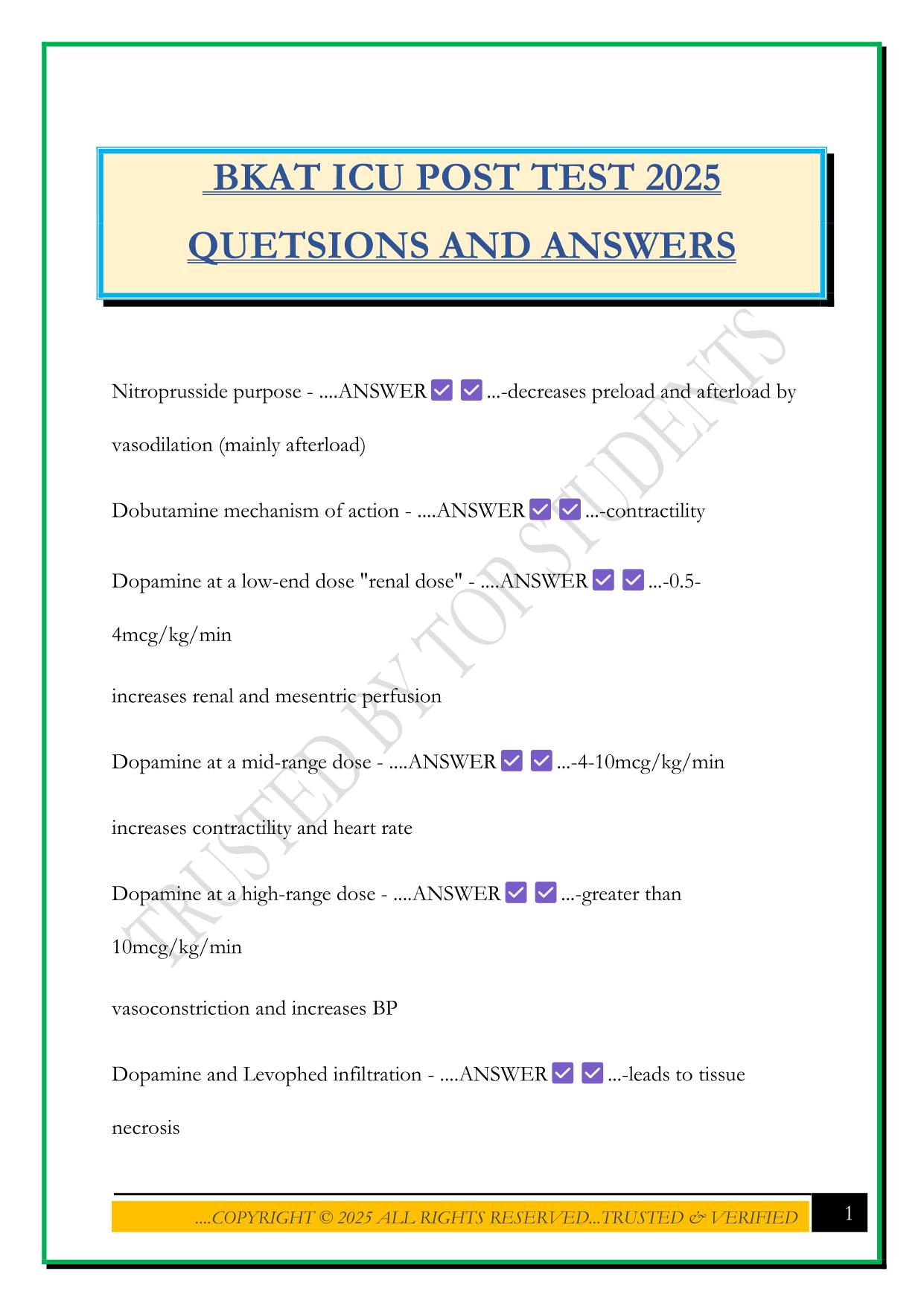 BKAT ICU POST TEST 2025 QUETSIONS AND ANSWERS