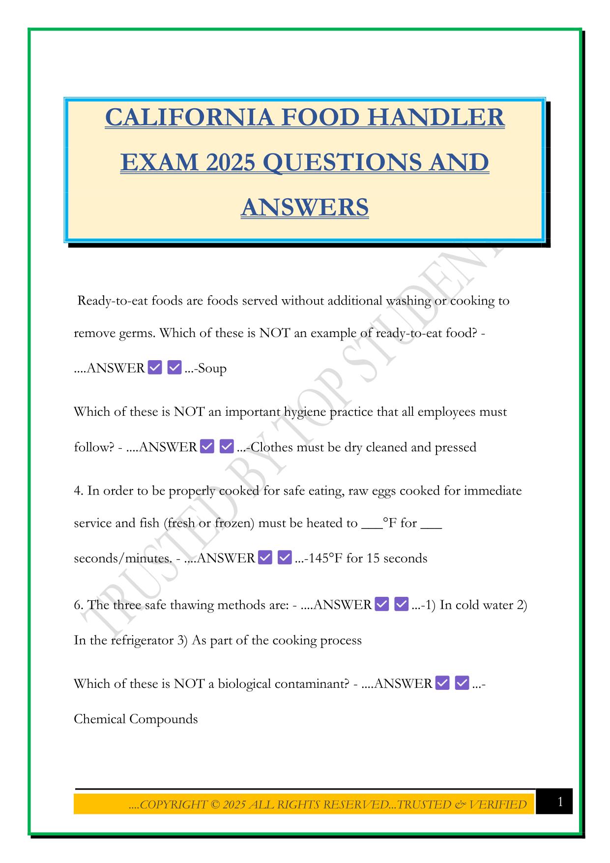 CALIFORNIA FOOD HANDLER EXAM 2025 QUESTIONS AND ANSWERS