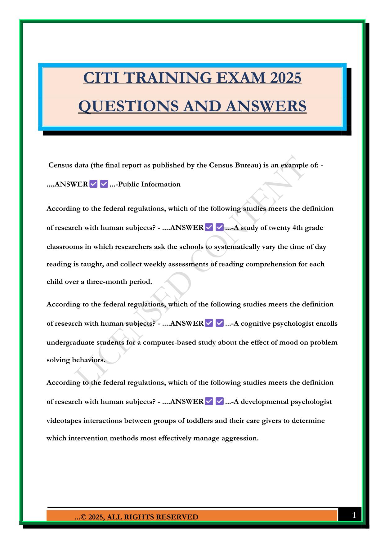CITI TRAINING EXAM 2025 QUESTIONS AND ANSWERS