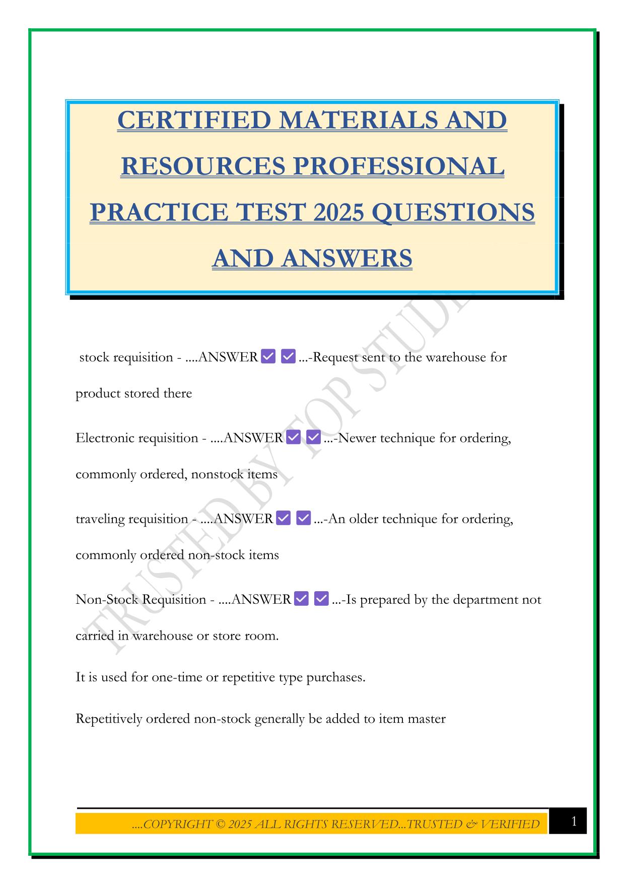 CERTIFIED MATERIALS AND RESOURCES PROFESSIONAL PRACTICE TEST 2025 QUESTIONS AND ANSWERS
