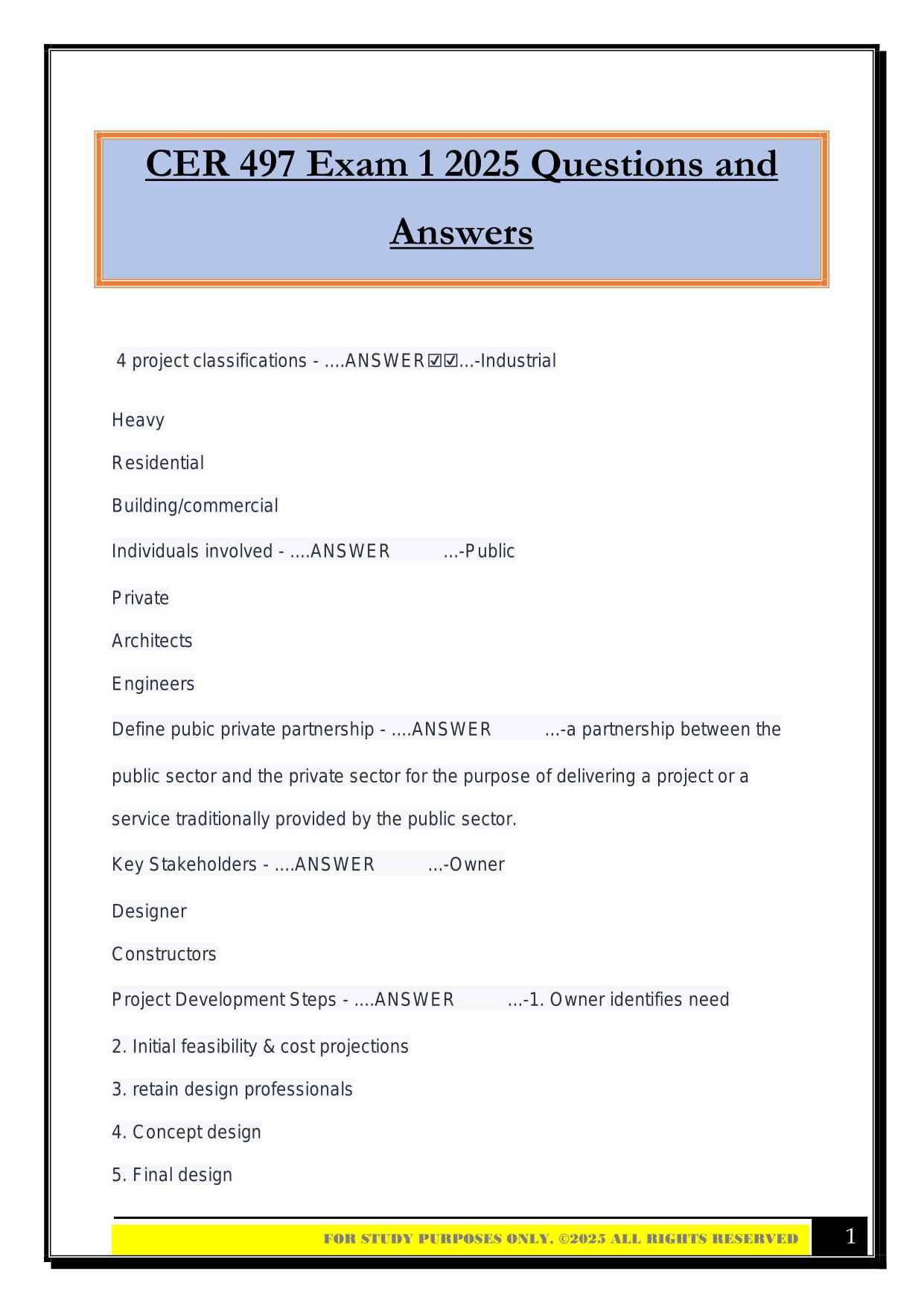 CER 497 Exam 1 2025 Questions and Answers