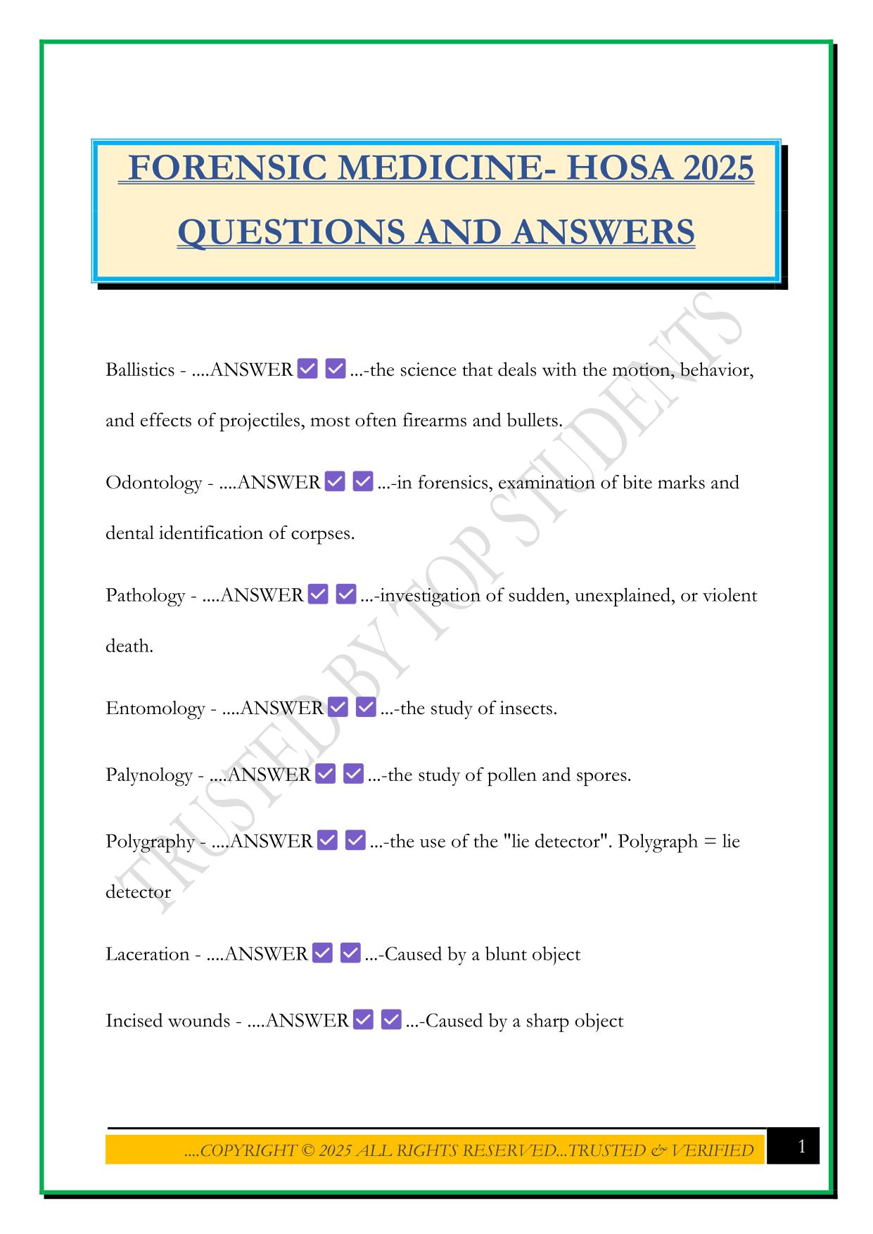 FORENSIC MEDICINE- HOSA 2025 QUESTIONS AND ANSWERS