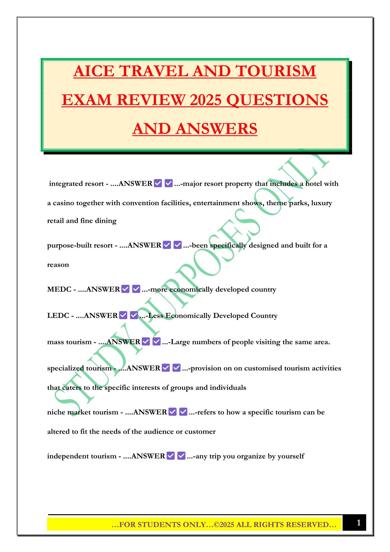 AICE TRAVEL AND TOURISM EXAM REVIEW 2025 QUESTIONS AND ANSWERS