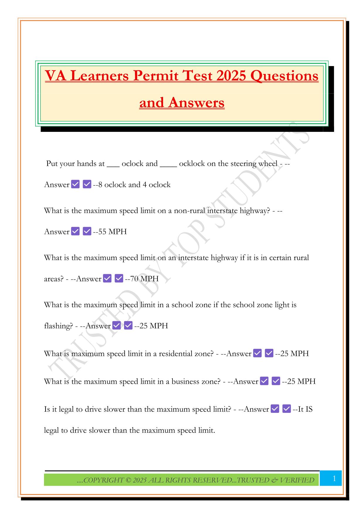 VA Learners Permit Test 2025 Questions and Answers
