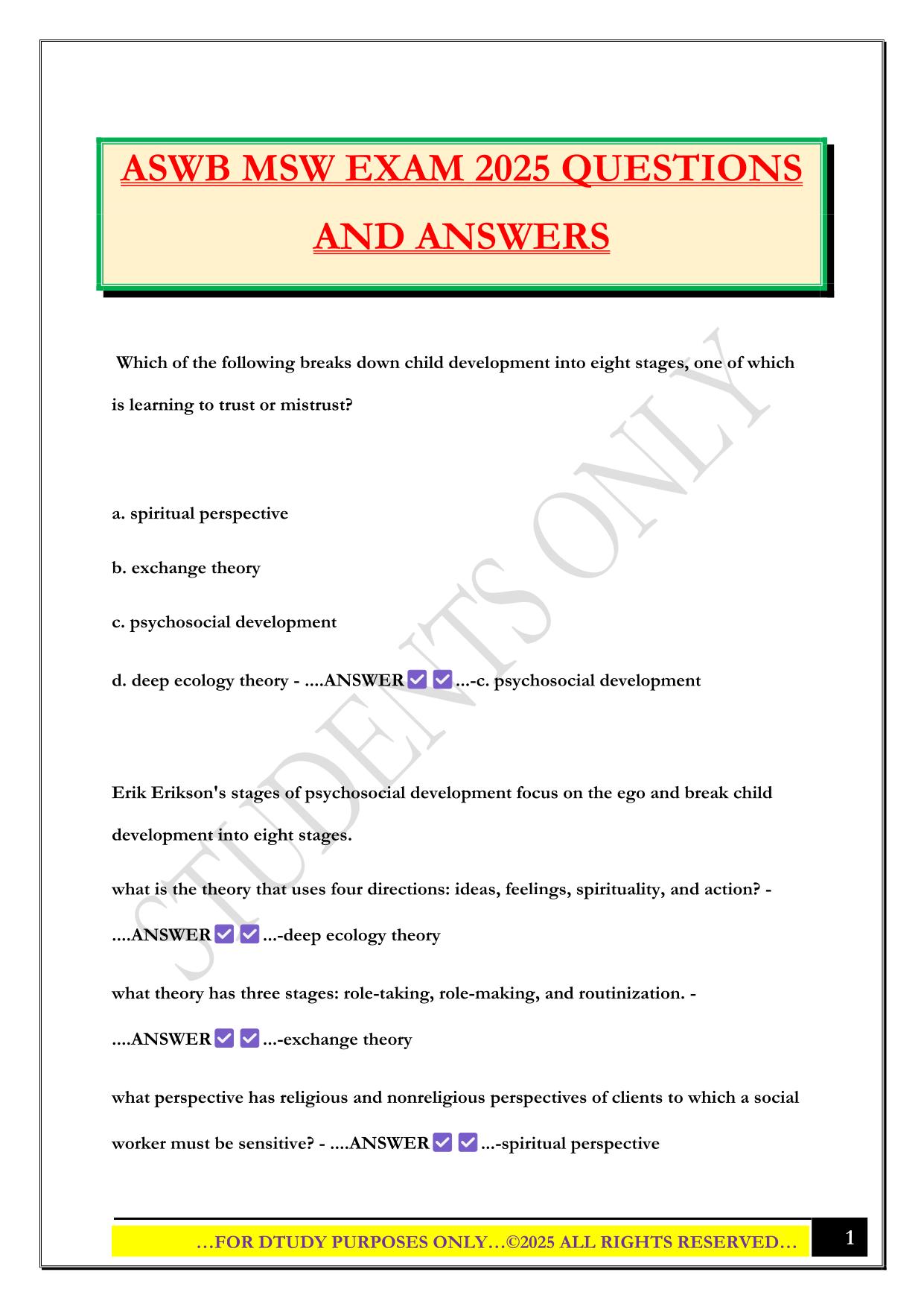 ASWB MSW EXAM 2025 QUESTIONS AND ANSWERS