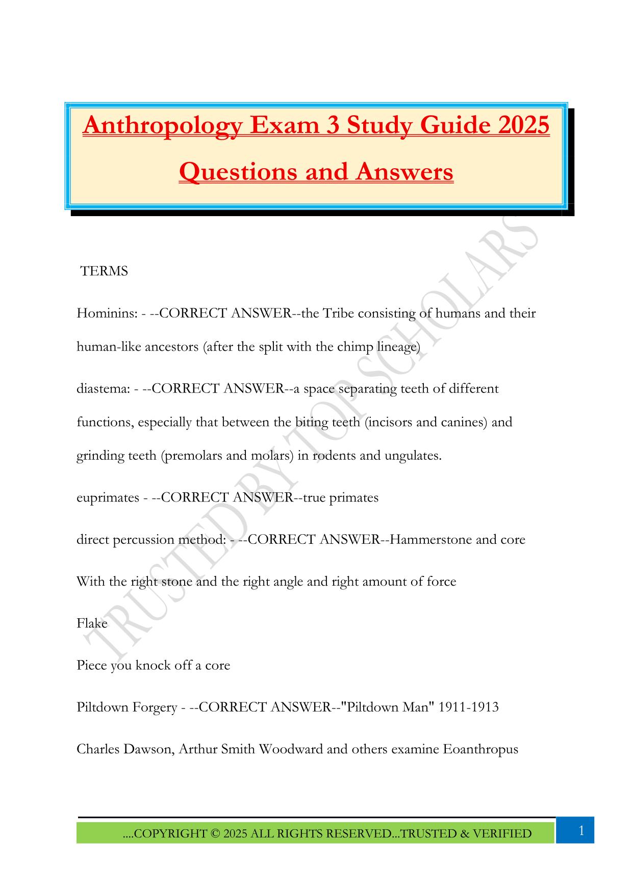 Anthropology Exam 3 Study Guide 2025 Questions and Answers