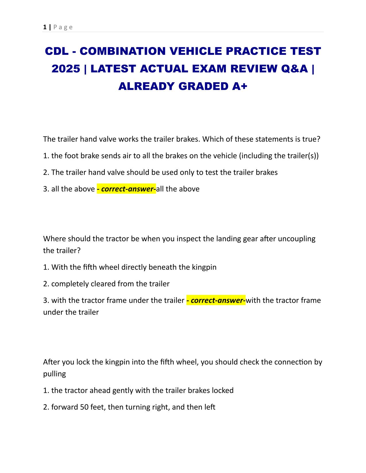 CDL - COMBINATION VEHICLE PRACTICE TEST 2025 | LATEST ACTUAL EXAM REVIEW Q&A | ALREADY GRADED A+