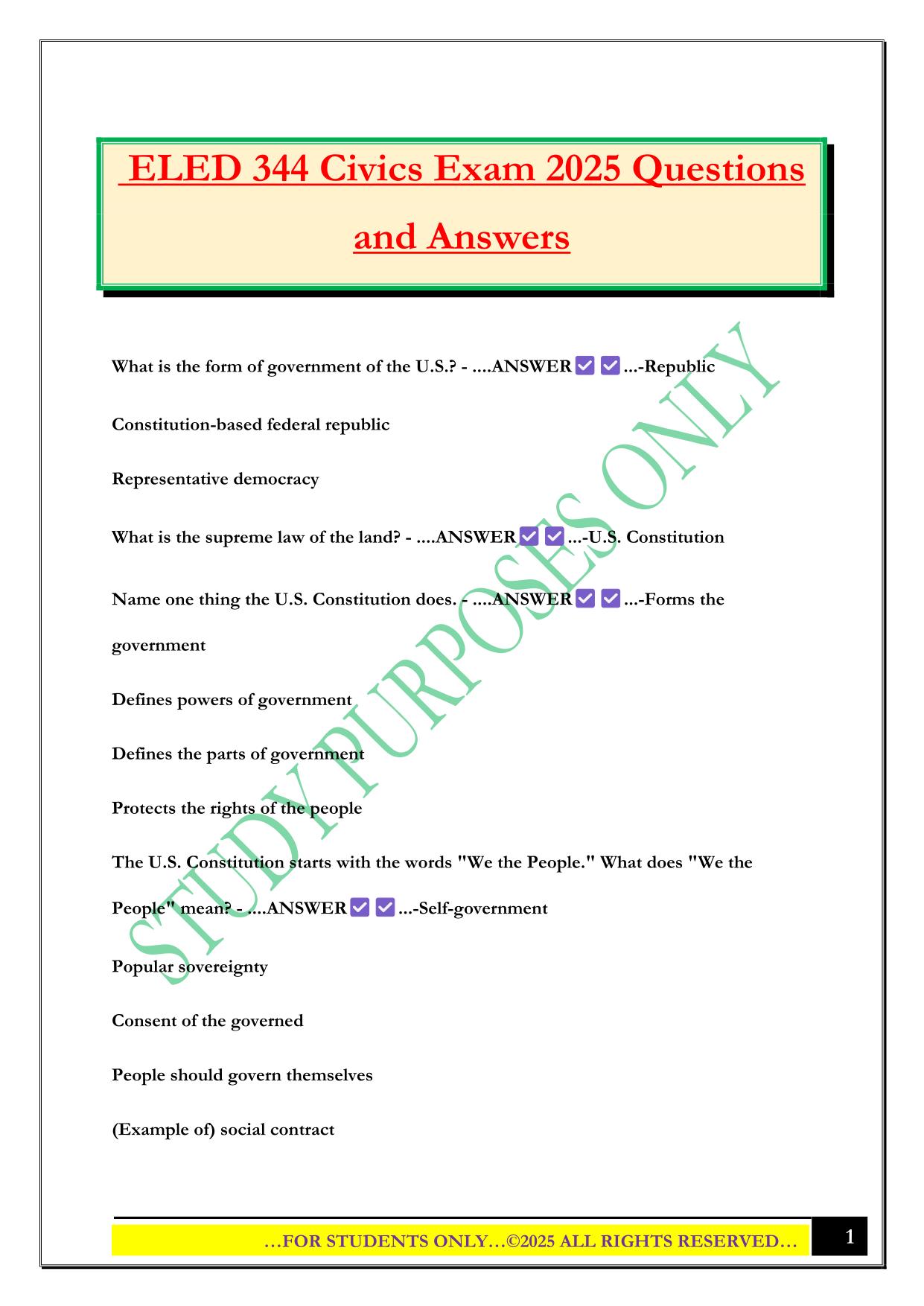 ELED 344 Civics Exam 2025 Questions and Answers