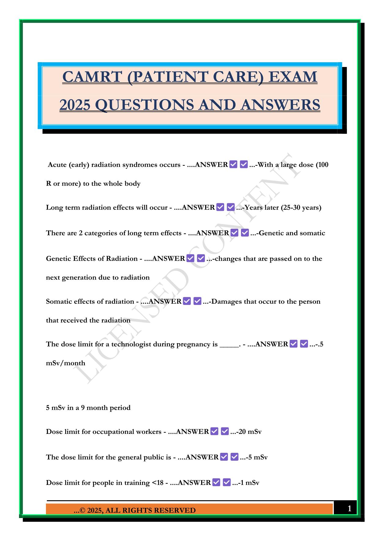 CAMRT (PATIENT CARE) EXAM 2025 QUESTIONS AND ANSWERS