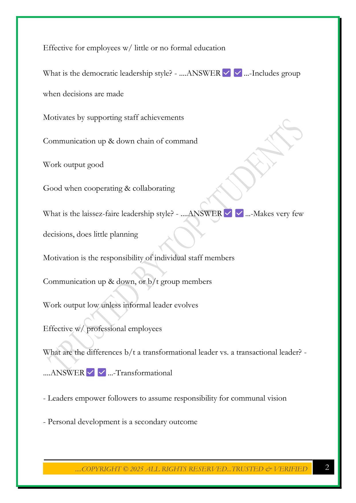 NURSE LEADERSHIP EXAM 1 2025 QUESTIONS AND ANSWERS