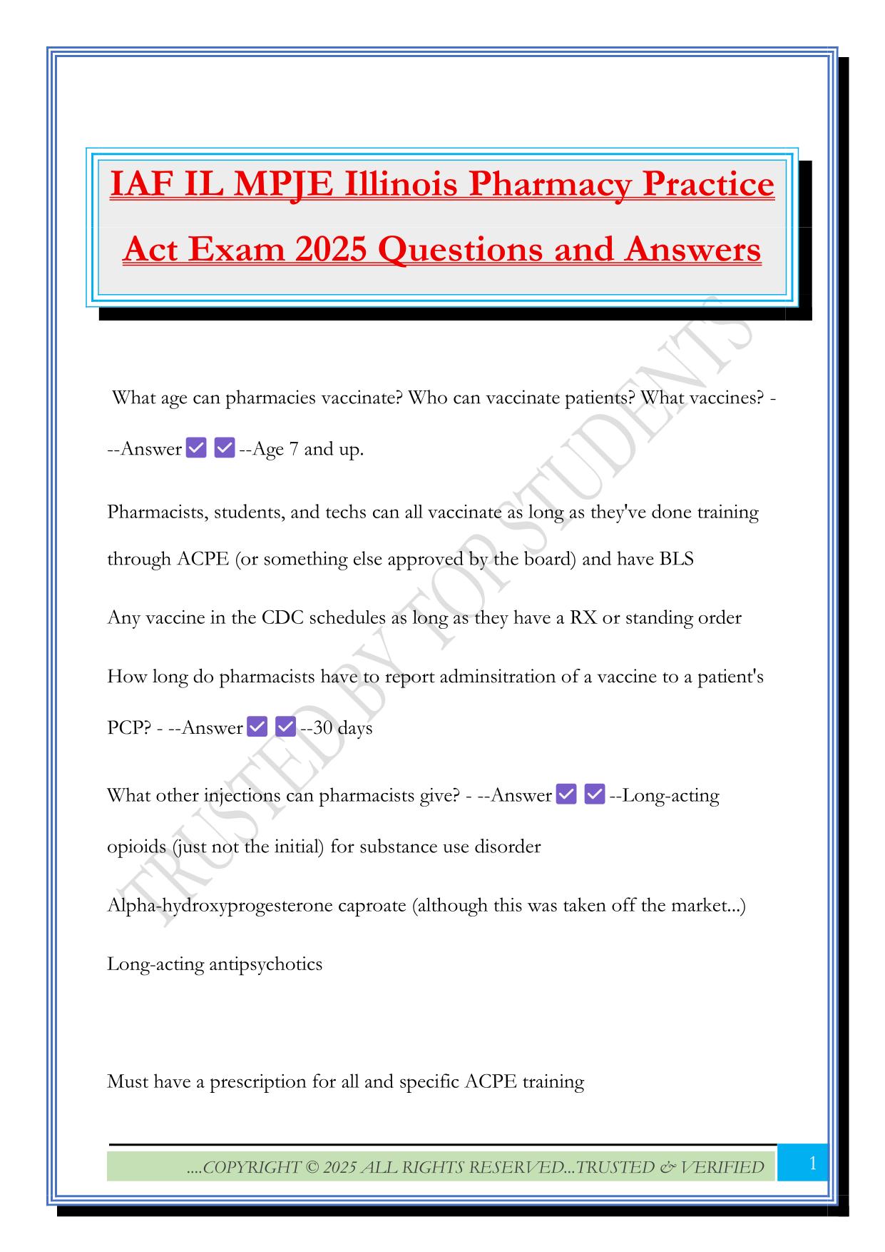 IAF IL MPJE Illinois Pharmacy Practice Act Exam 2025 Questions and Answers