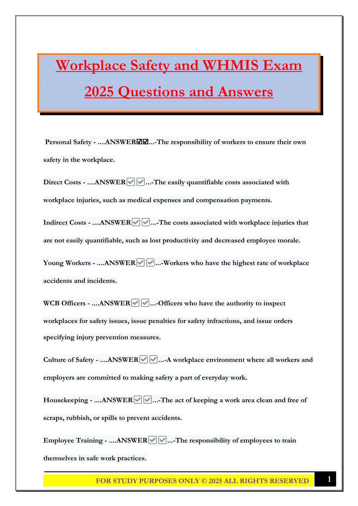 Workplace Safety and WHMIS Exam 2025 Questions and Answers