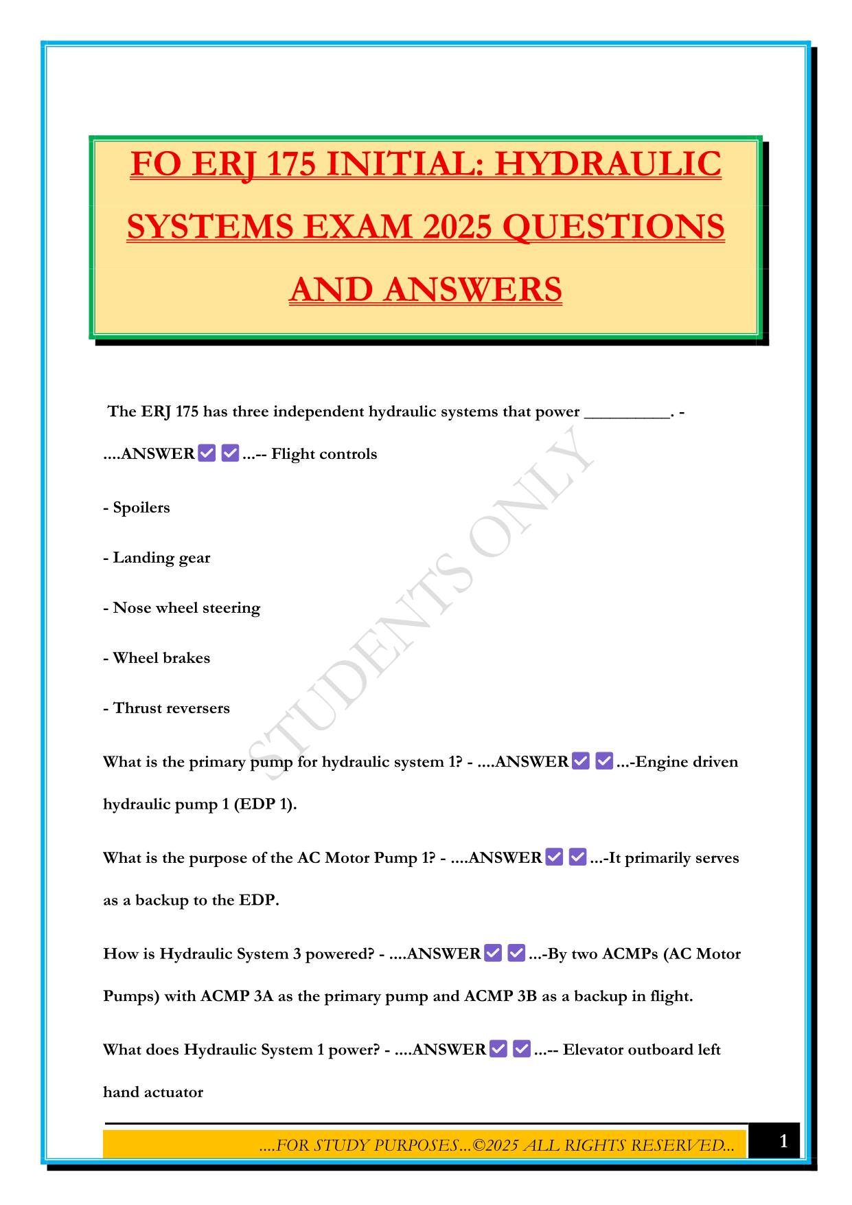 FO ERJ 175 INITIAL: HYDRAULIC SYSTEMS EXAM 2025 QUESTIONS AND ANSWERS