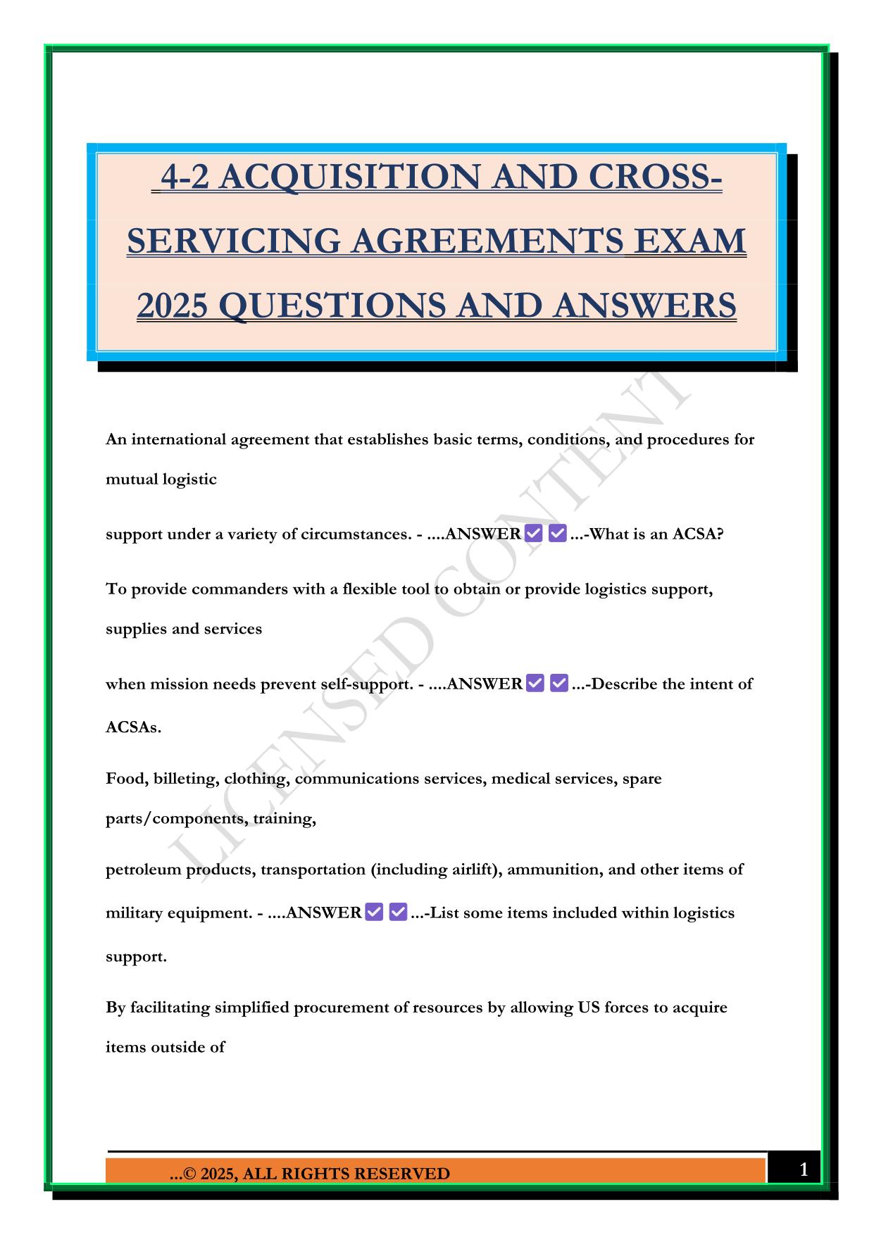 4-2 ACQUISITION AND CROSS- SERVICING AGREEMENTS EXAM 2025 QUESTIONS AND ANSWERS