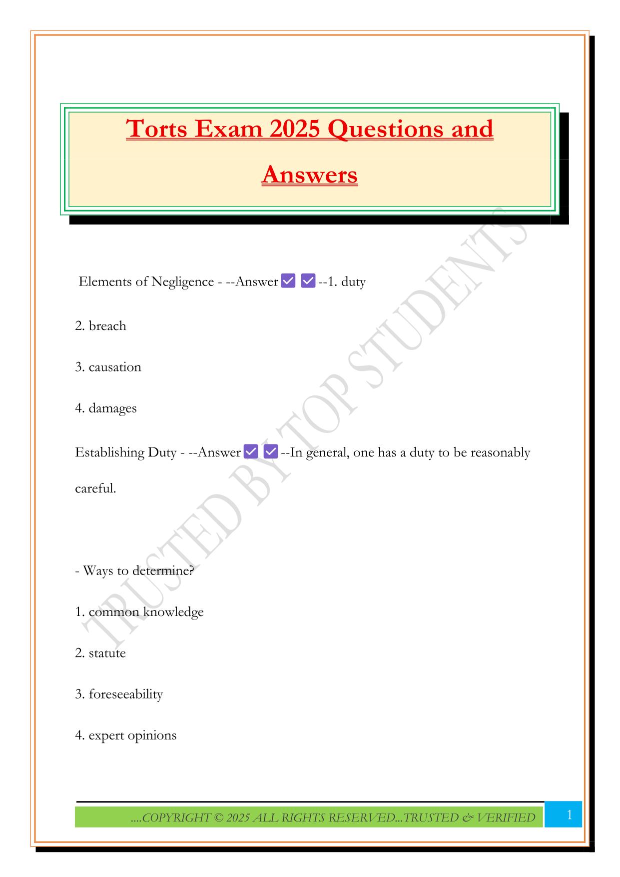 Torts Exam 2025 Questions and Answers