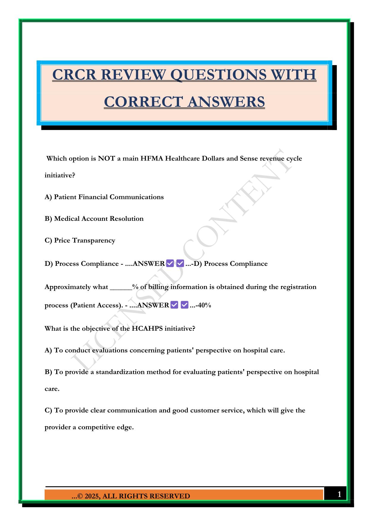 CRCR REVIEW QUESTIONS WITH CORRECT ANSWERS