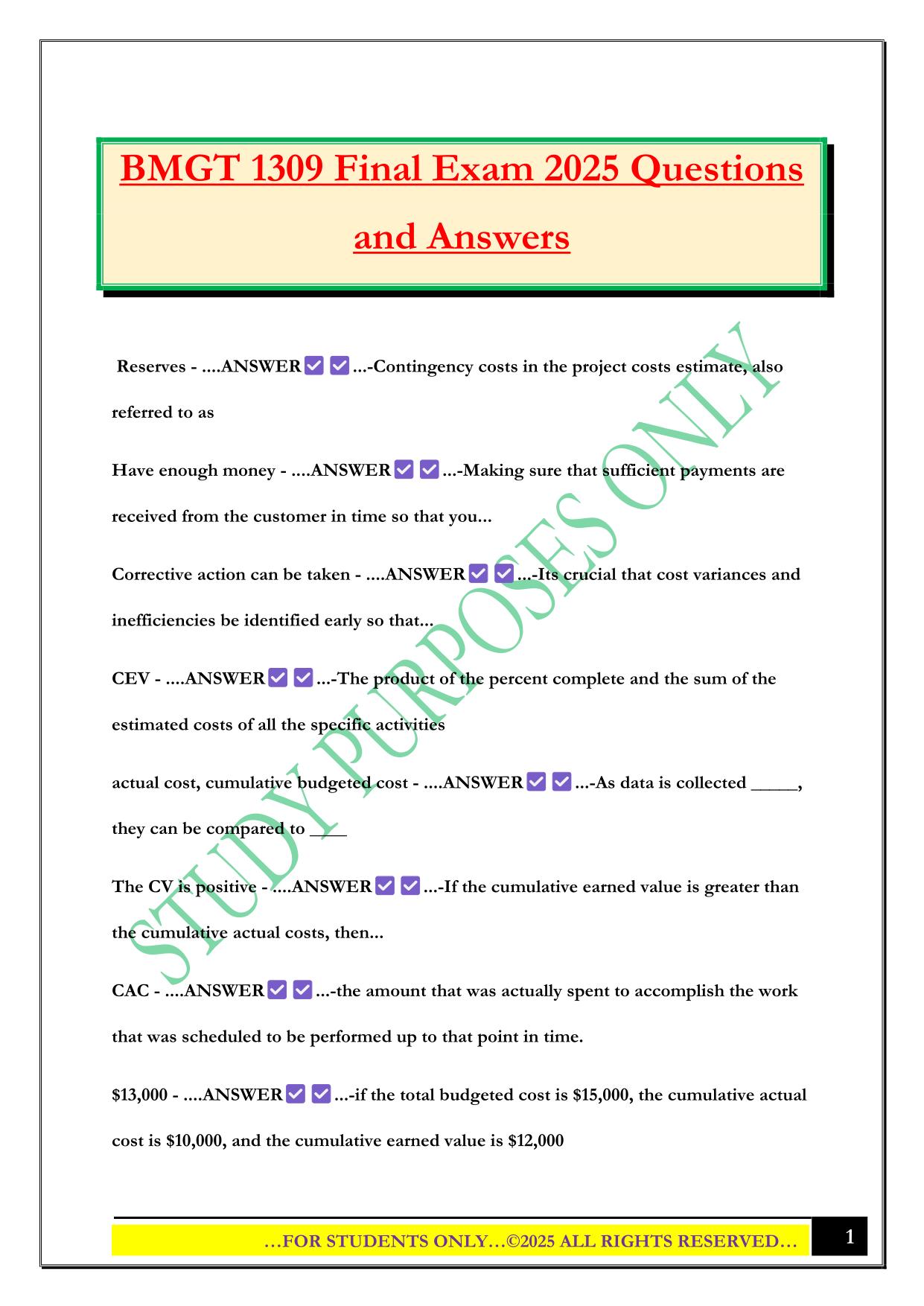 BMGT 1309 Final Exam 2025 Questions and Answers