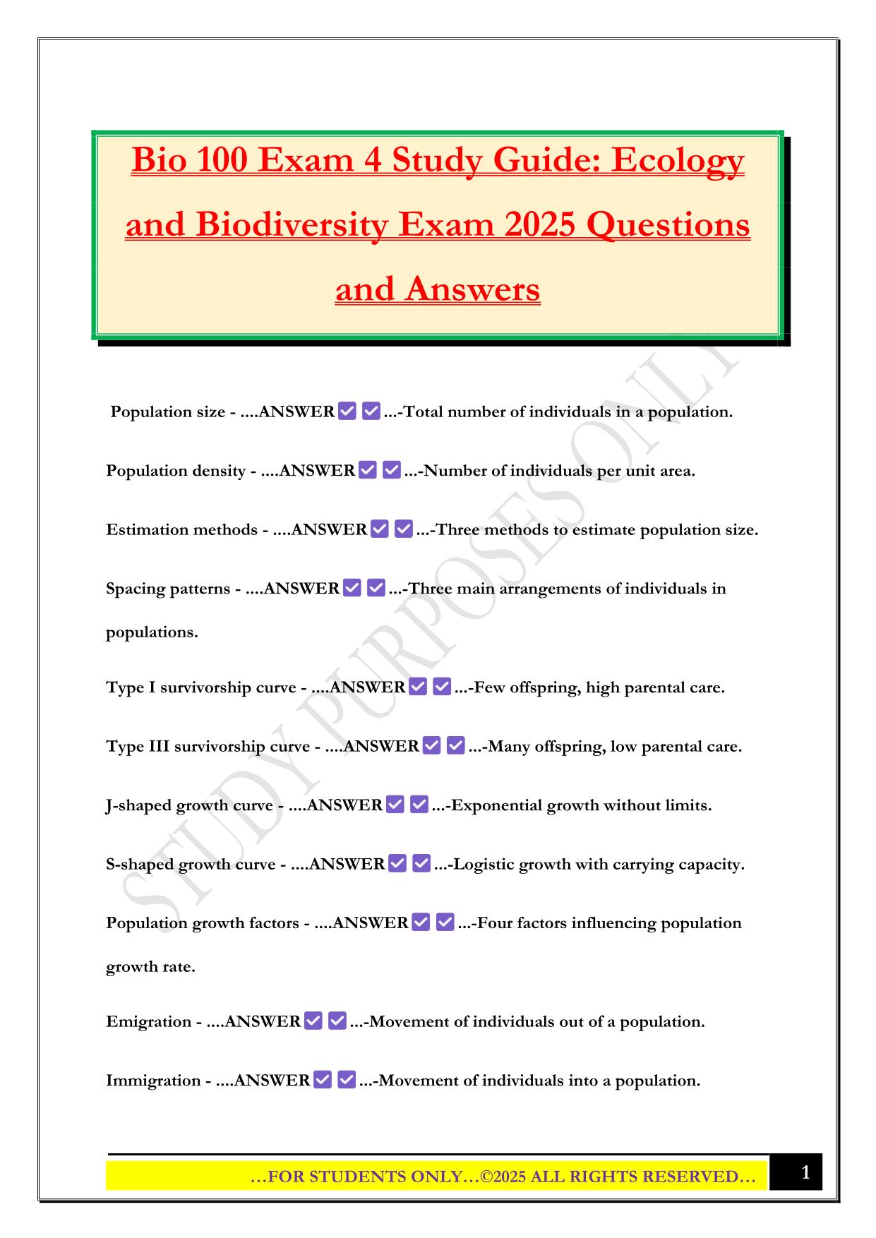 Bio 100 Exam 4 Study Guide: Ecology and Biodiversity Exam 2025 Questions and Answers